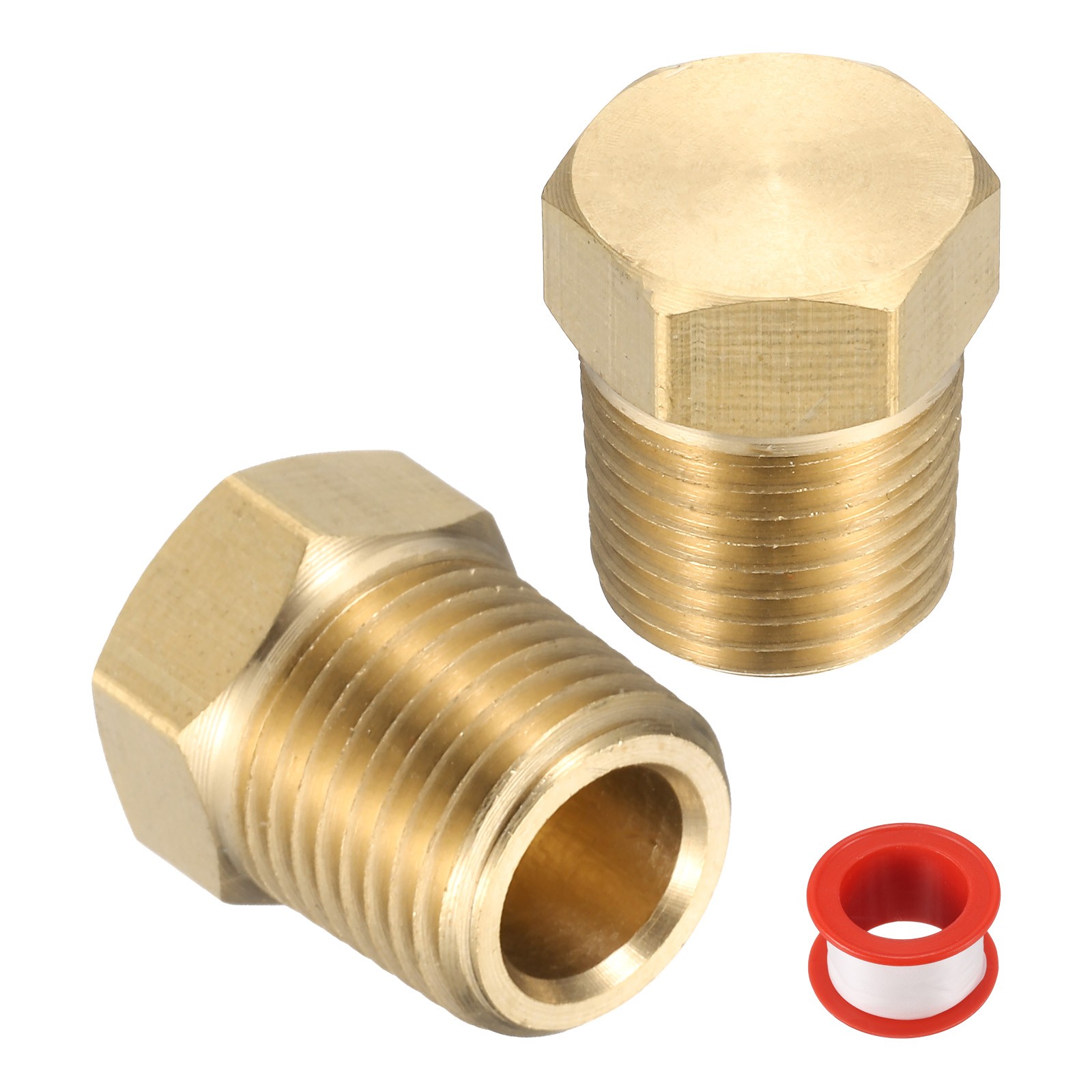 2pcs Brass Pipe Fitting Hex Head Plug 1/8" NPT with PTFE Tape, Gold Tone