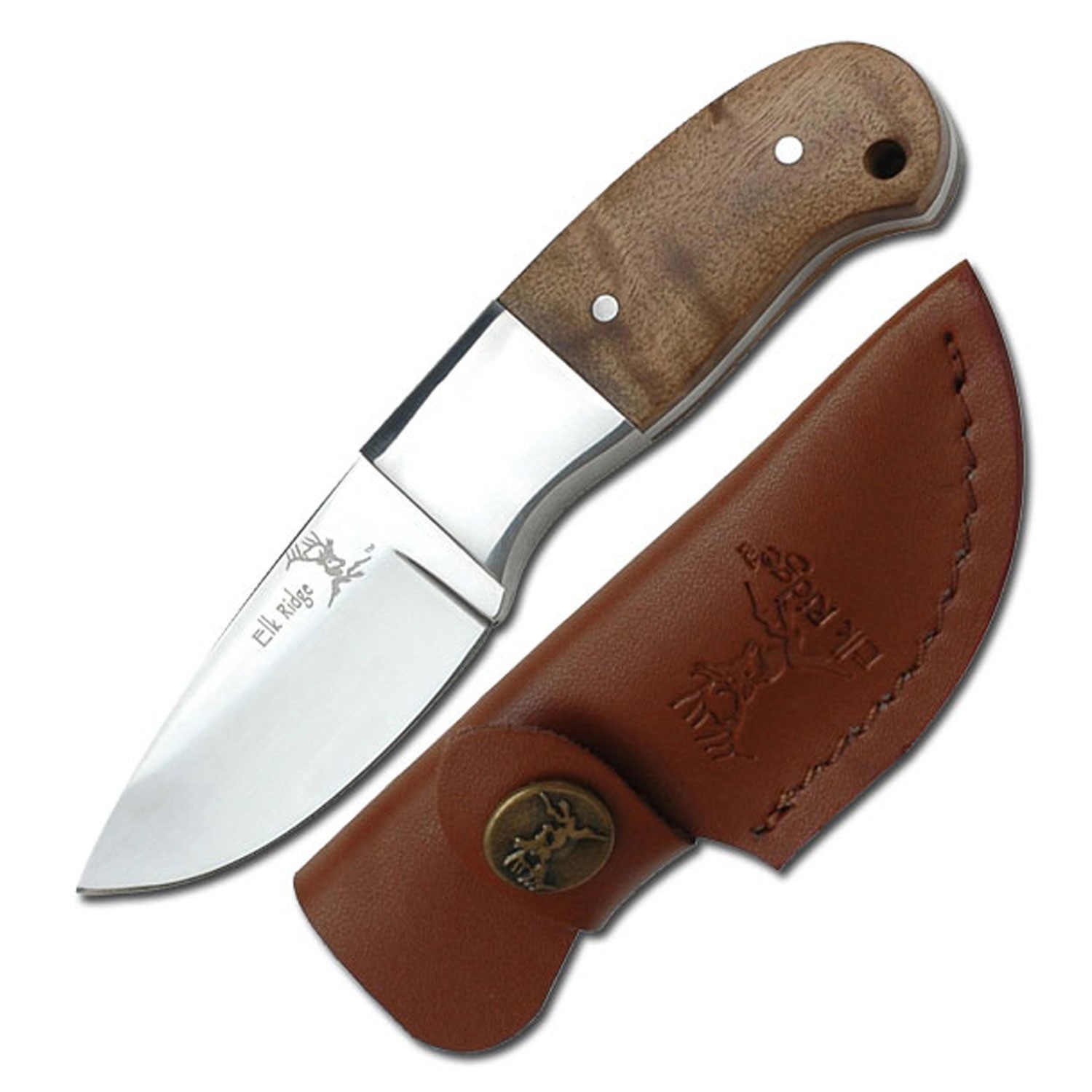 Elk Ridge Fixed Blade Full Tang Knife w/Burl Wood and Leather Sheath