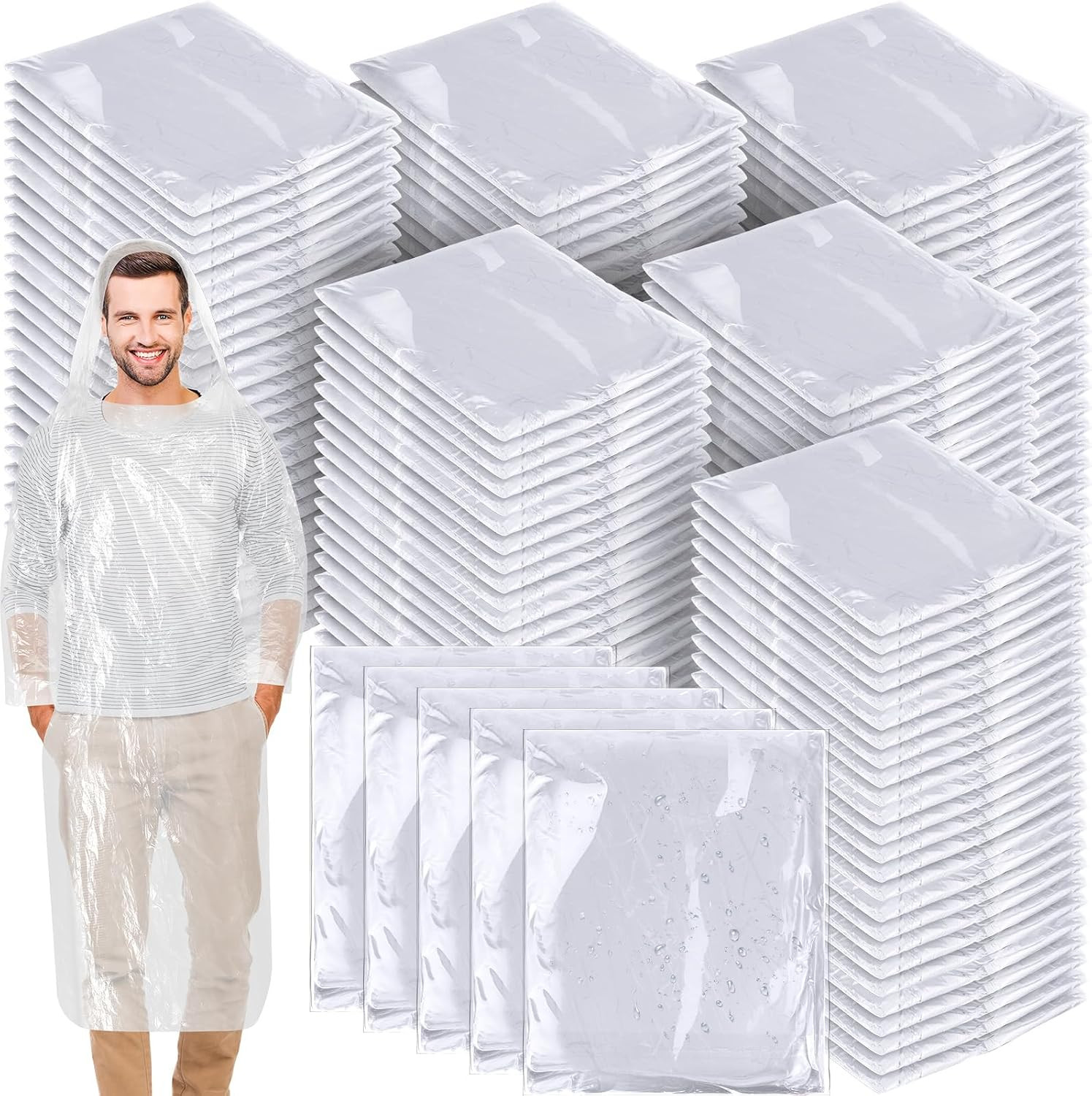 150 Pack of Adult Rain Ponchos with Hood, Disposable Rain Ponchos, Plastic Rainc