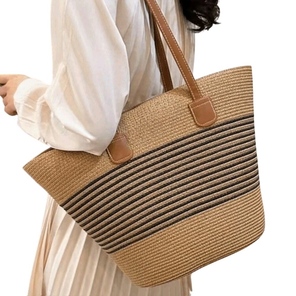 New Striped Straw Woven Tote Bag Purse  For Vacations Summer Beach For W…