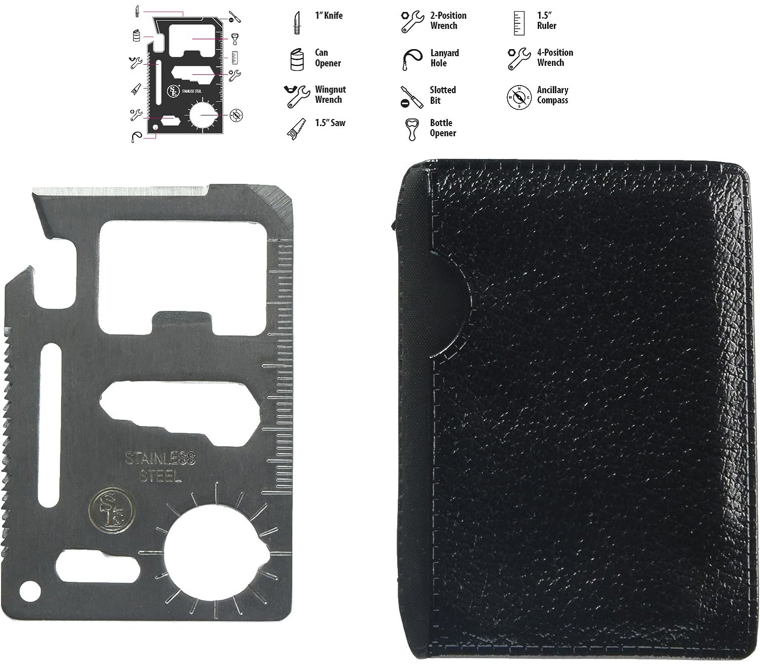 SE 11-Function Stainless Steel Survival Pocket Tool Compact Multi-Tool W Case