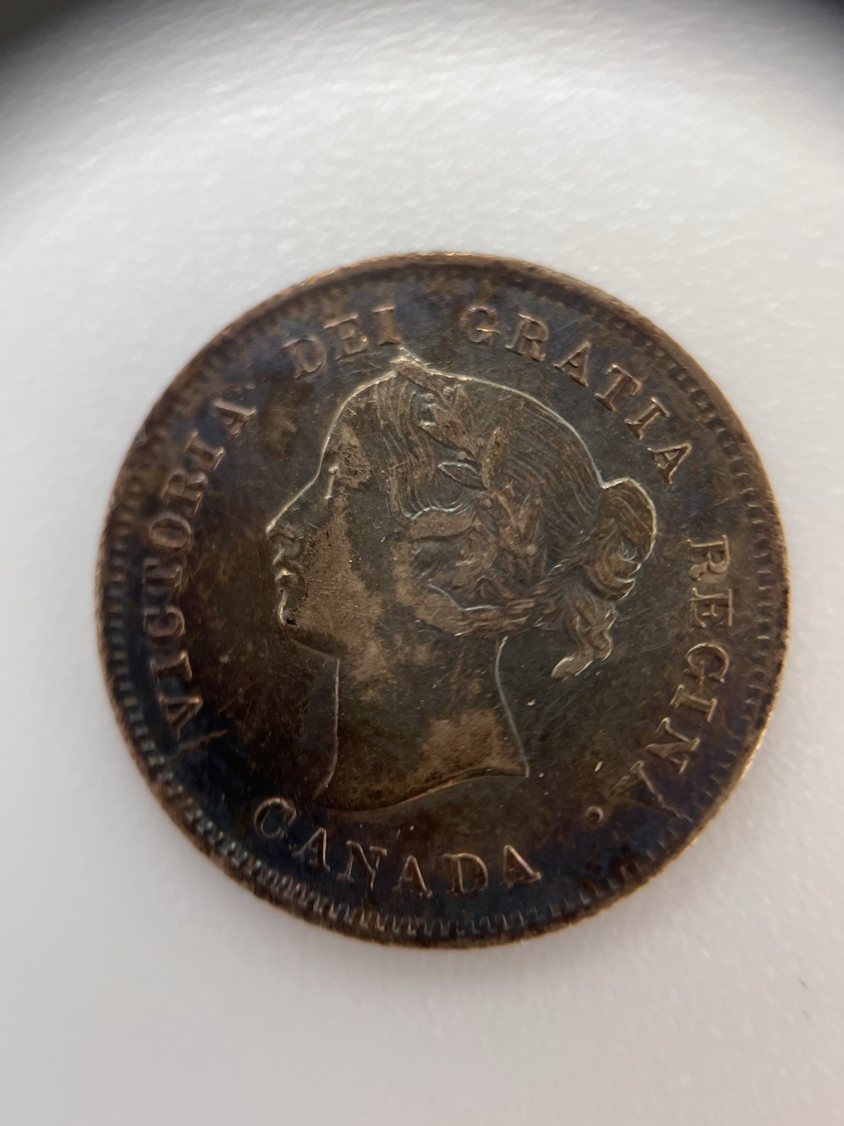 1870 Canada Queen Victoria Silver Nickel Almost Unc 5C RARE toned #4