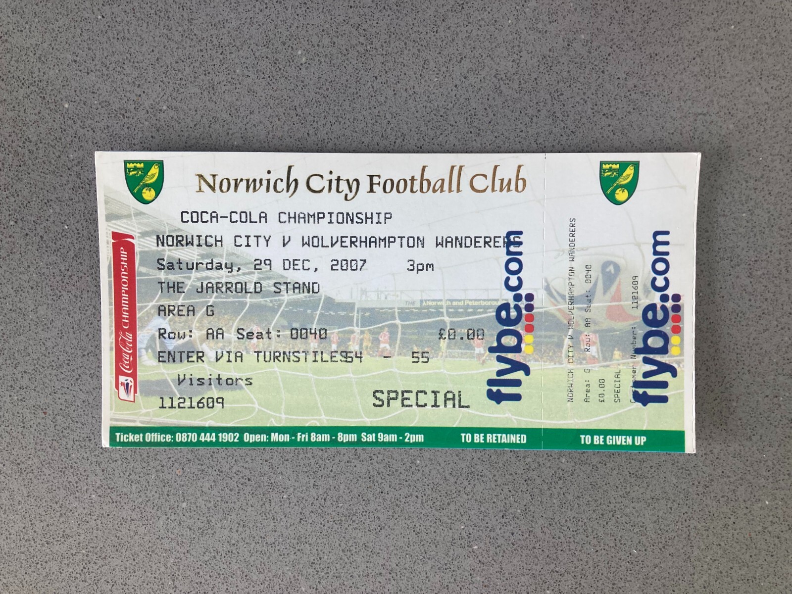 Norwich City v Wolverhampton Wanderers 2007-08 Match Ticket