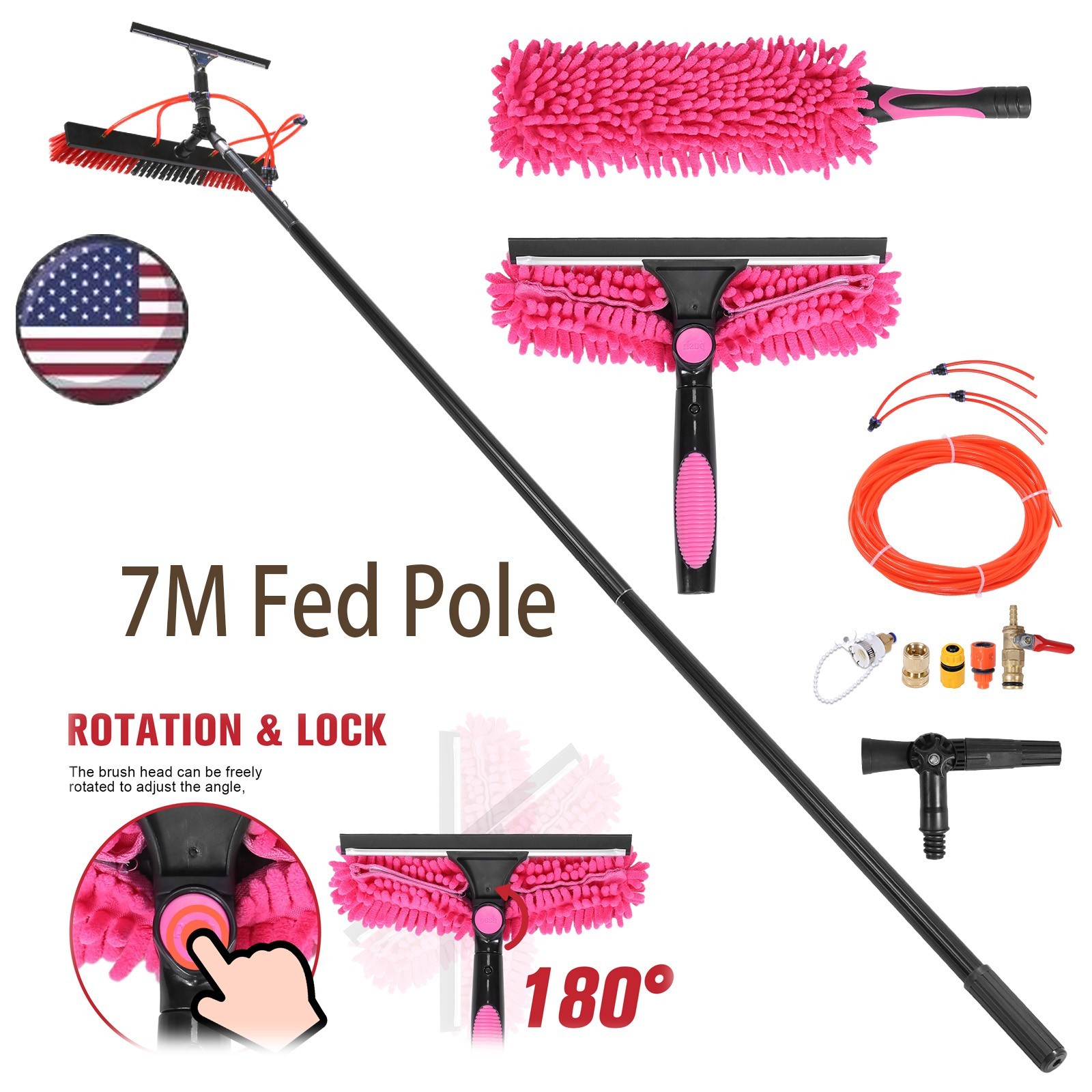 7M Water Fed Window Cleaning Brush Telescopic Pole Solar Panel Roof Cleaner Kit
