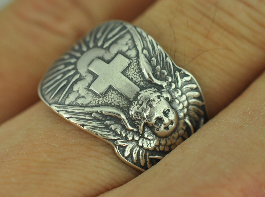 925 Sterling Silver Cross Bell Sun Rising Flower Floral Adjustable Spoon Ring
