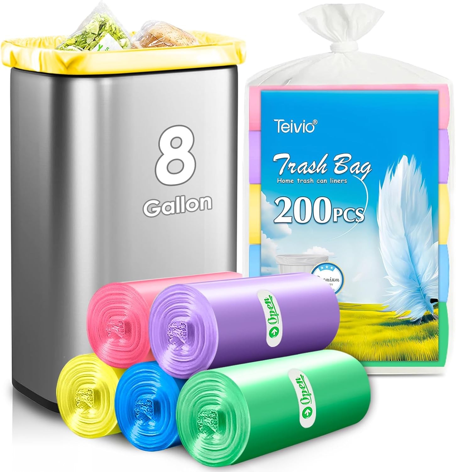 8 Gallon 200 Counts Clear Colorful Trash Bags Kitchen Garbage Bags by , fit