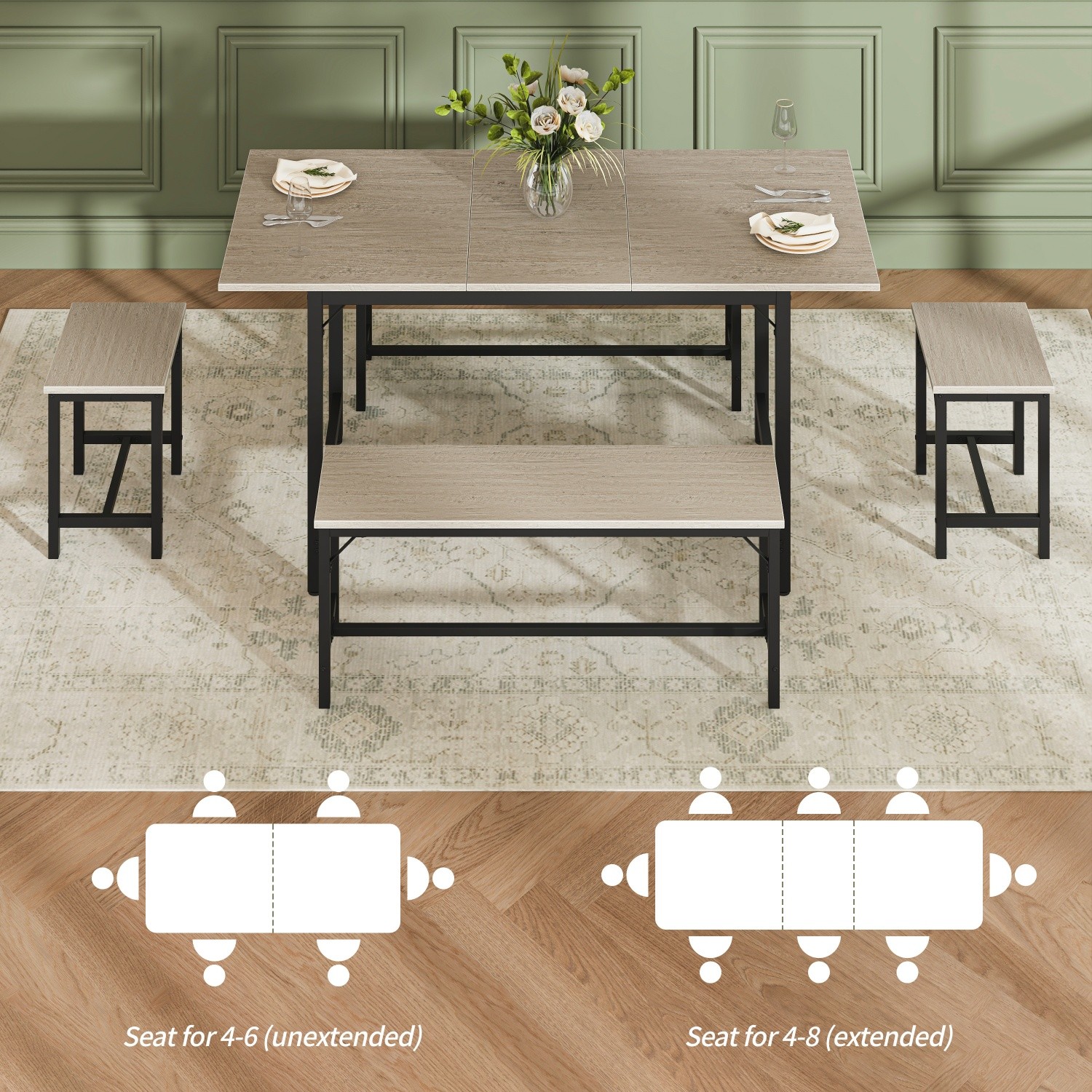 5 Piece Extendable Dining Table Set Wood Tabletop Steel Frame 2 Benches 2 Stools