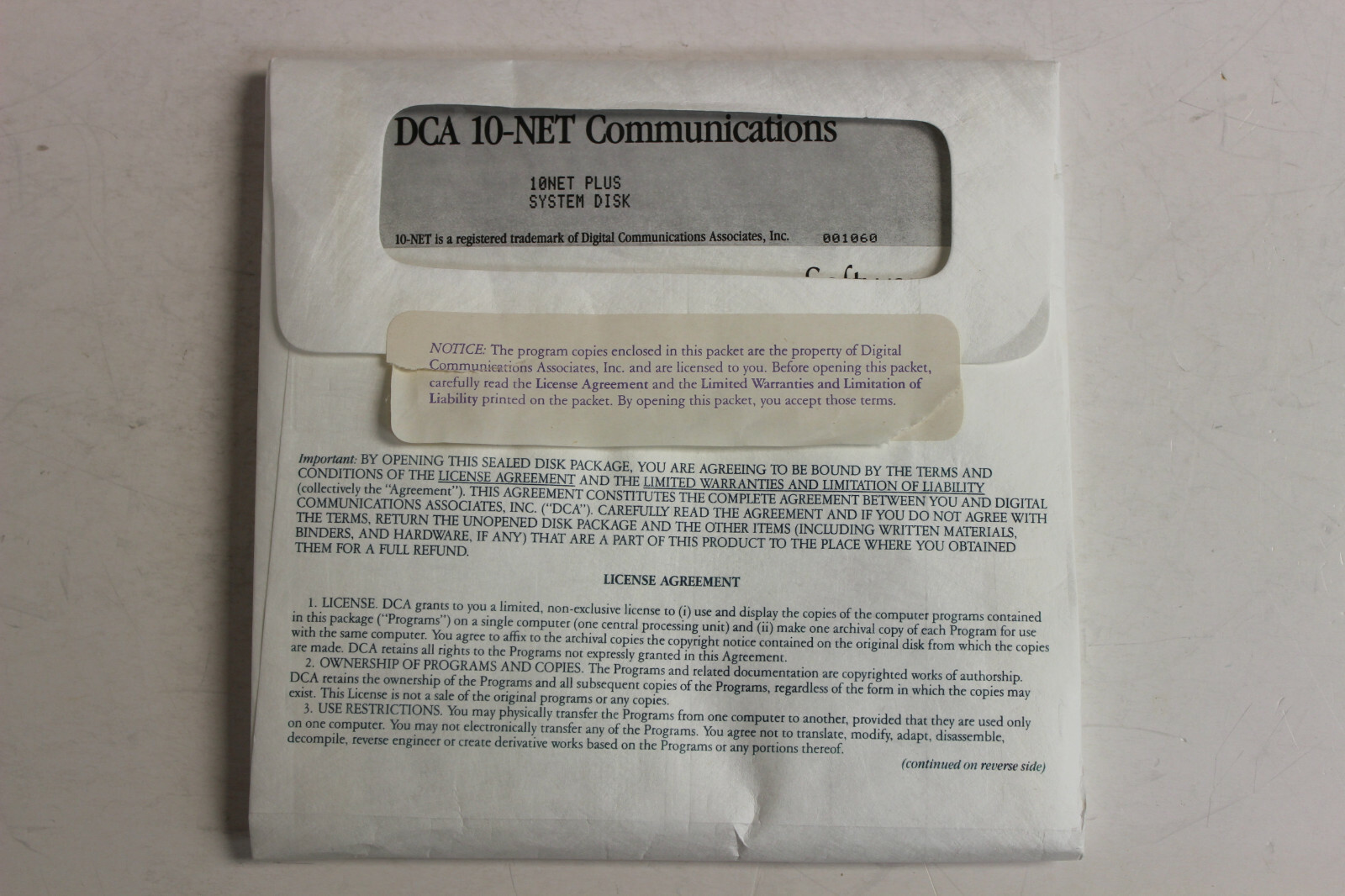 DCA 10 NET PLUS LOCAL AREA NETWORK SOFTWARE LAN V 4.0.61 REV D 5.25 DISKETTES