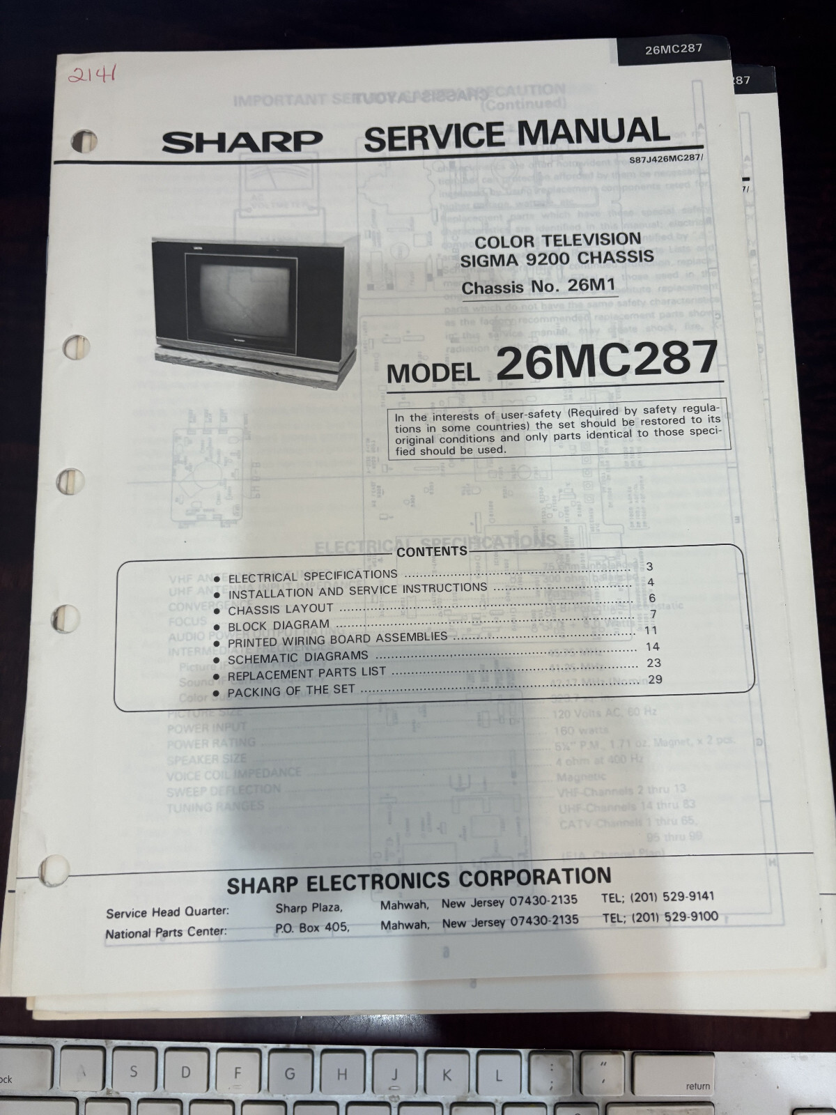 ORIG. SHARP 26MC287 TV Repair & Service Manual *ORIGINAL*