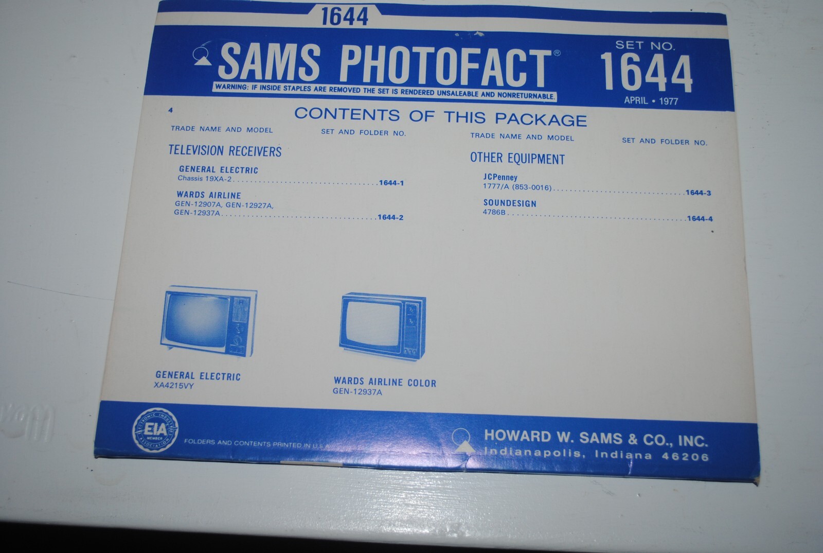 Howard W. Sams Photofact Service 1977 folder 1644, radio/tv/electronics
