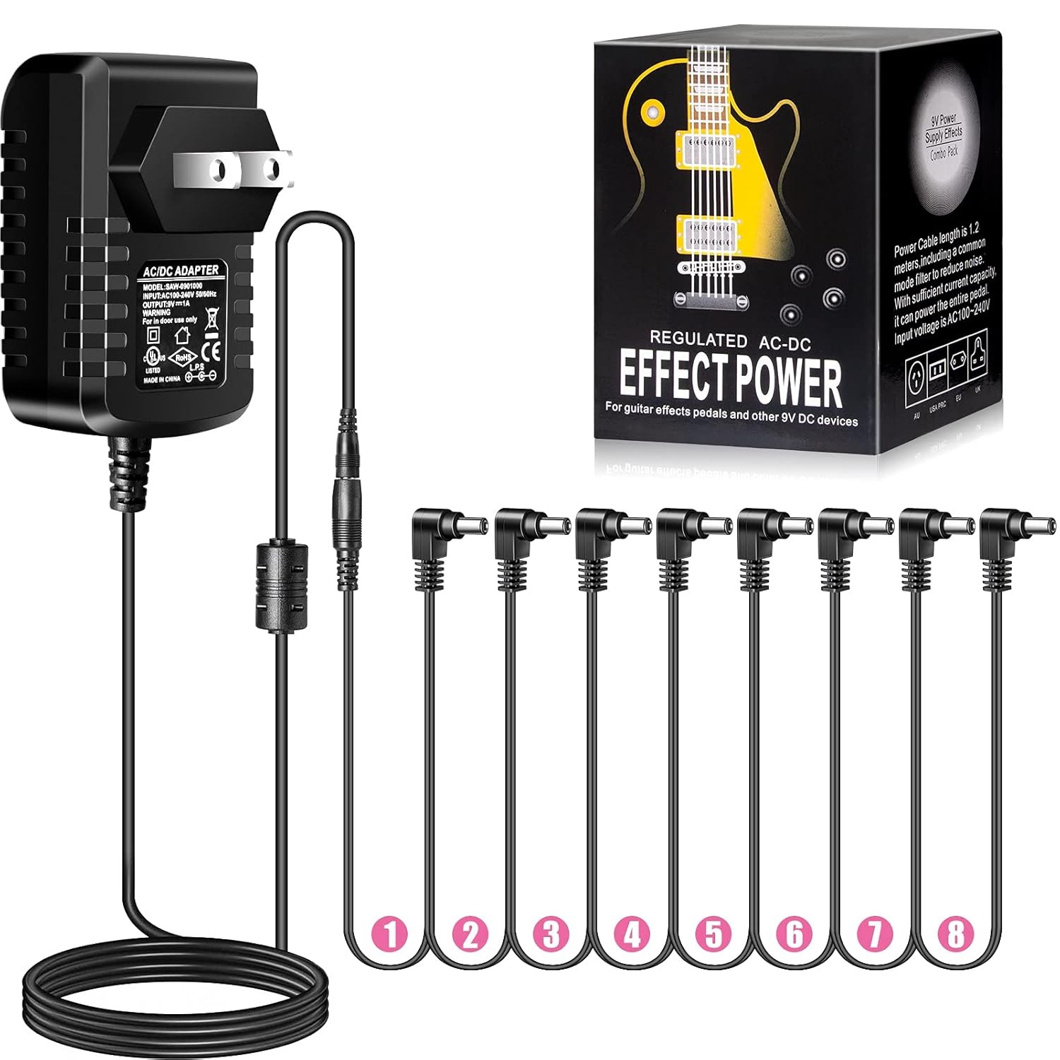 9V DC Guitar Pedal Power Supply 8 Way Daisy Chain