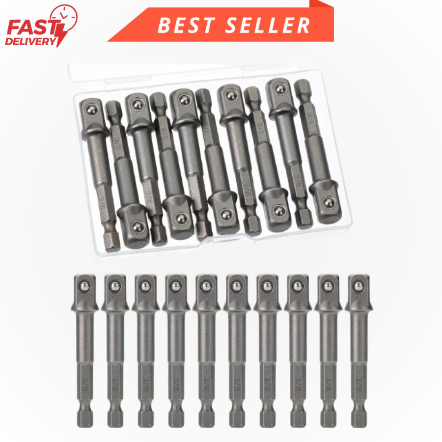 10Pcs Impact Adapter Square Socket Set 3/8 Square Tip 1/4 Hex Shank Drill