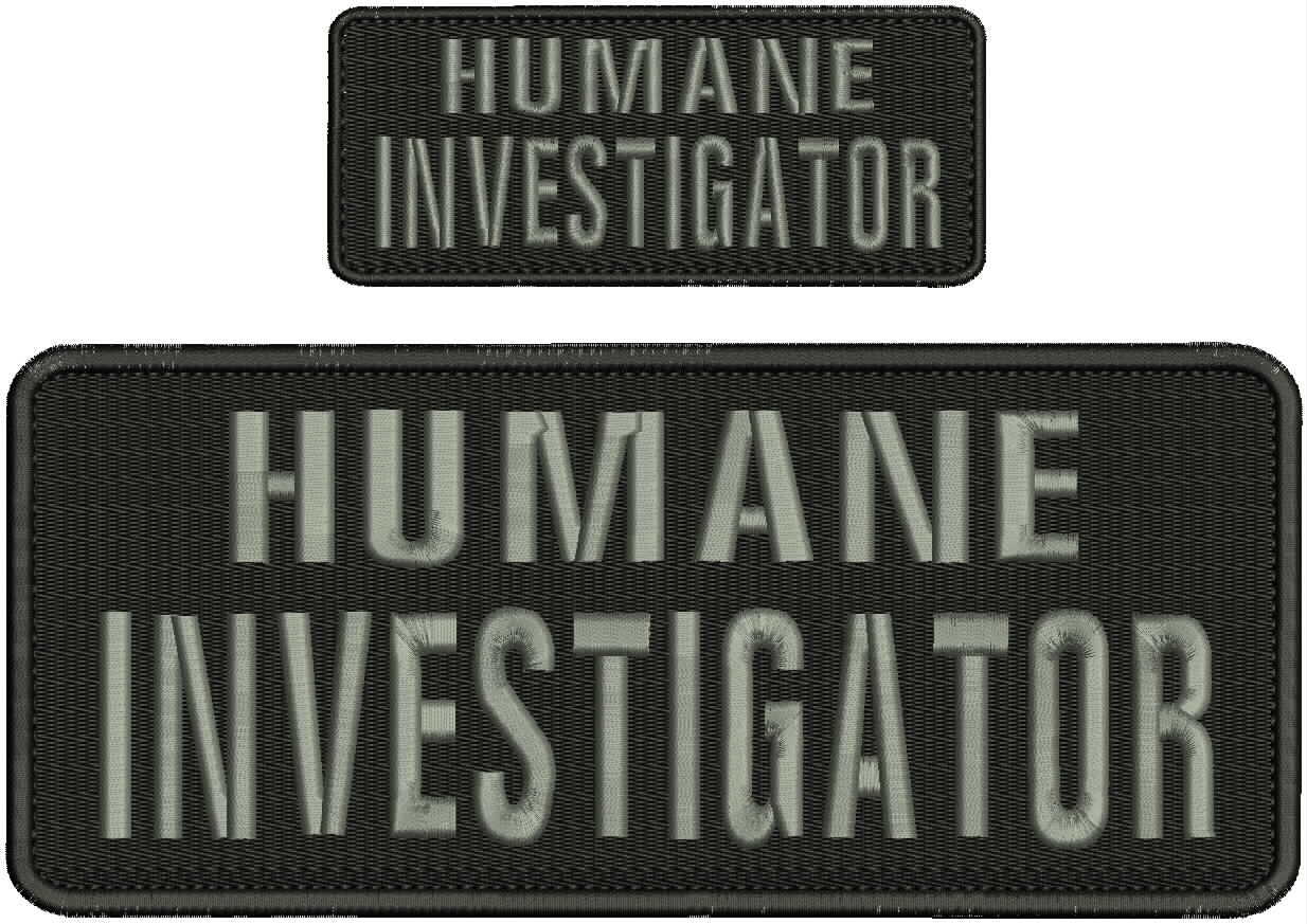 Humane Investigator embroidery patches 4X10 and 2x5 hook grey letters.
