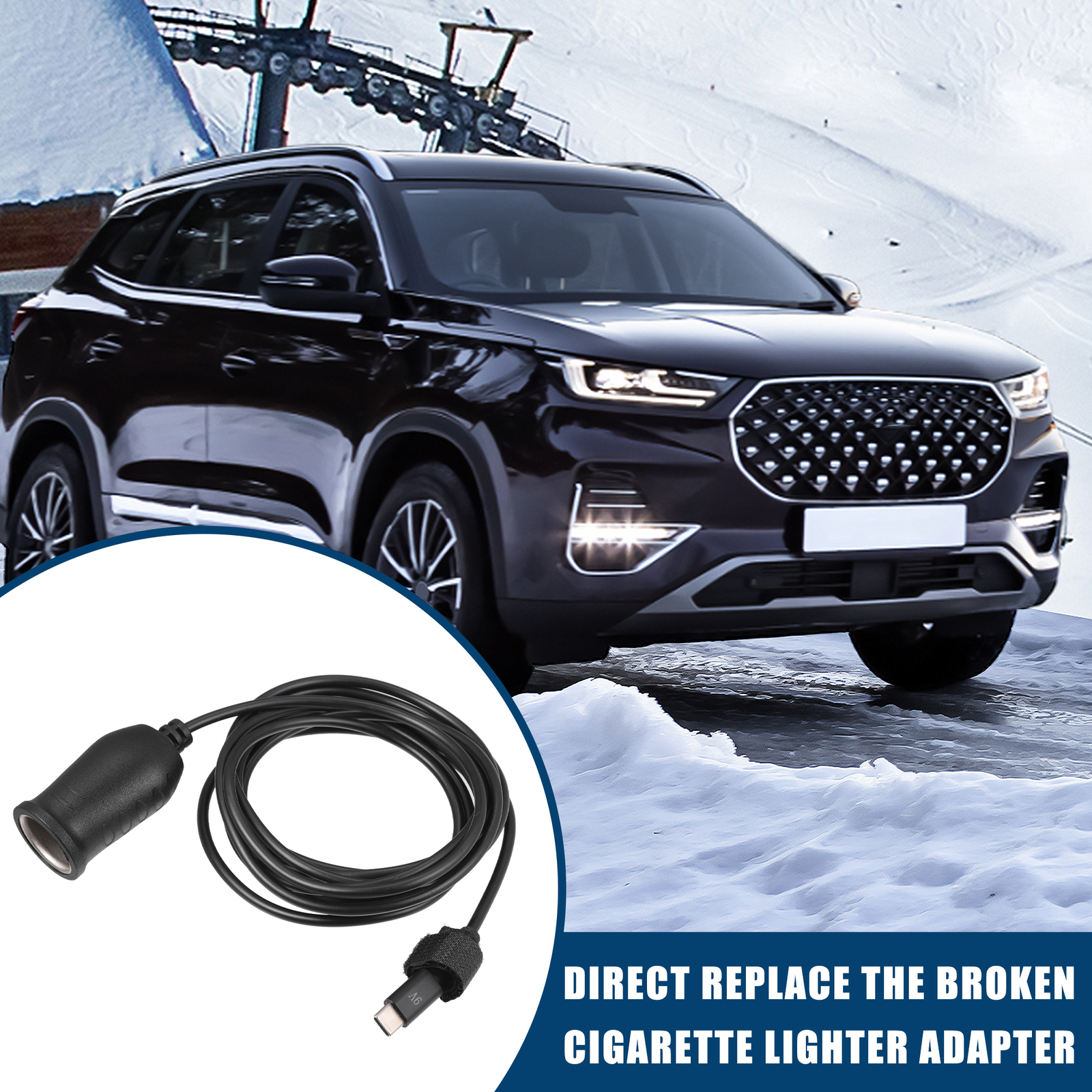 9V Car USB Cigarette Lighter Adapter Type-C Male Converter Cable 304cm Black