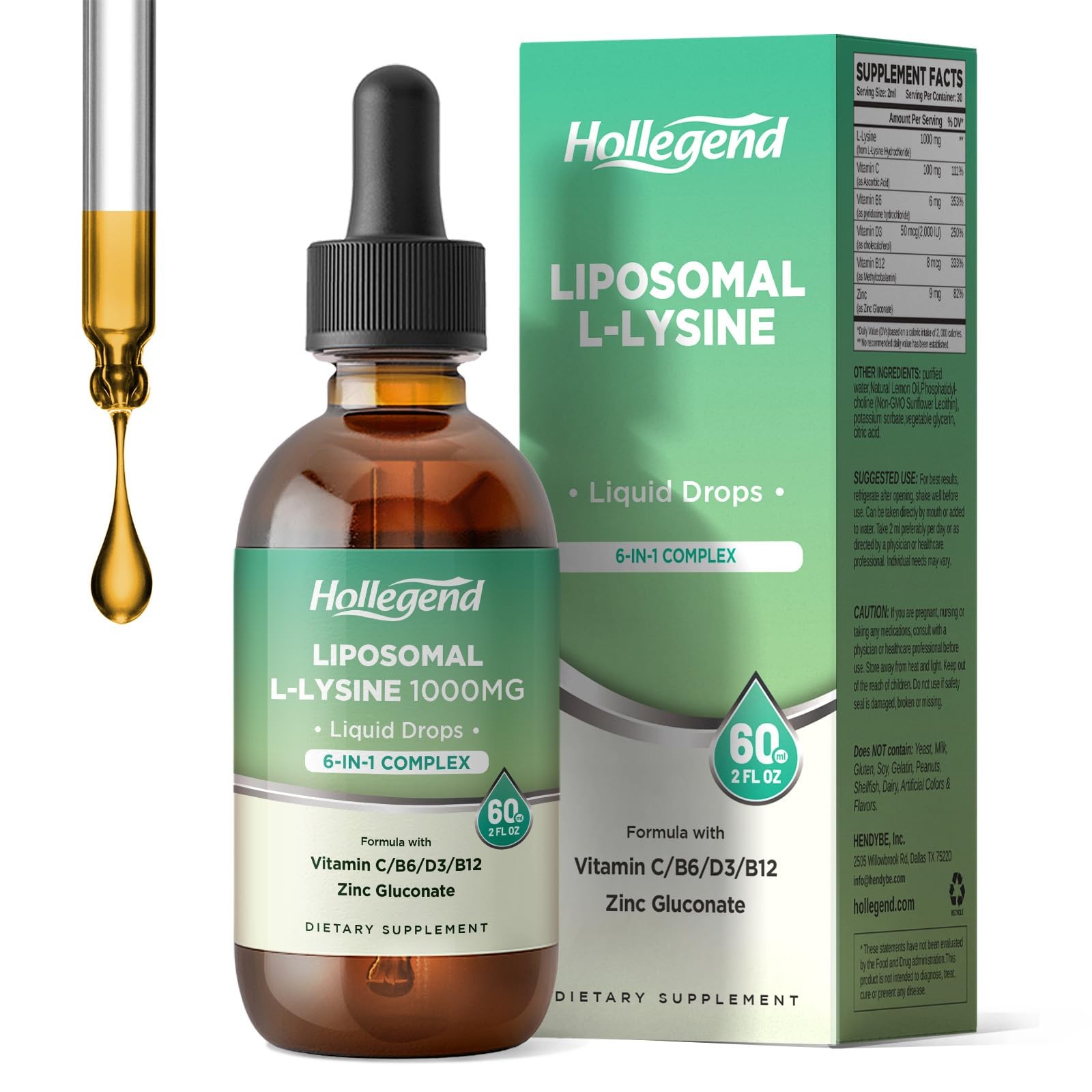 Liposomal L-lysine 1000MG Liquid Drops, Lysine Supplement 2 Fl Oz (Pack of 1)
