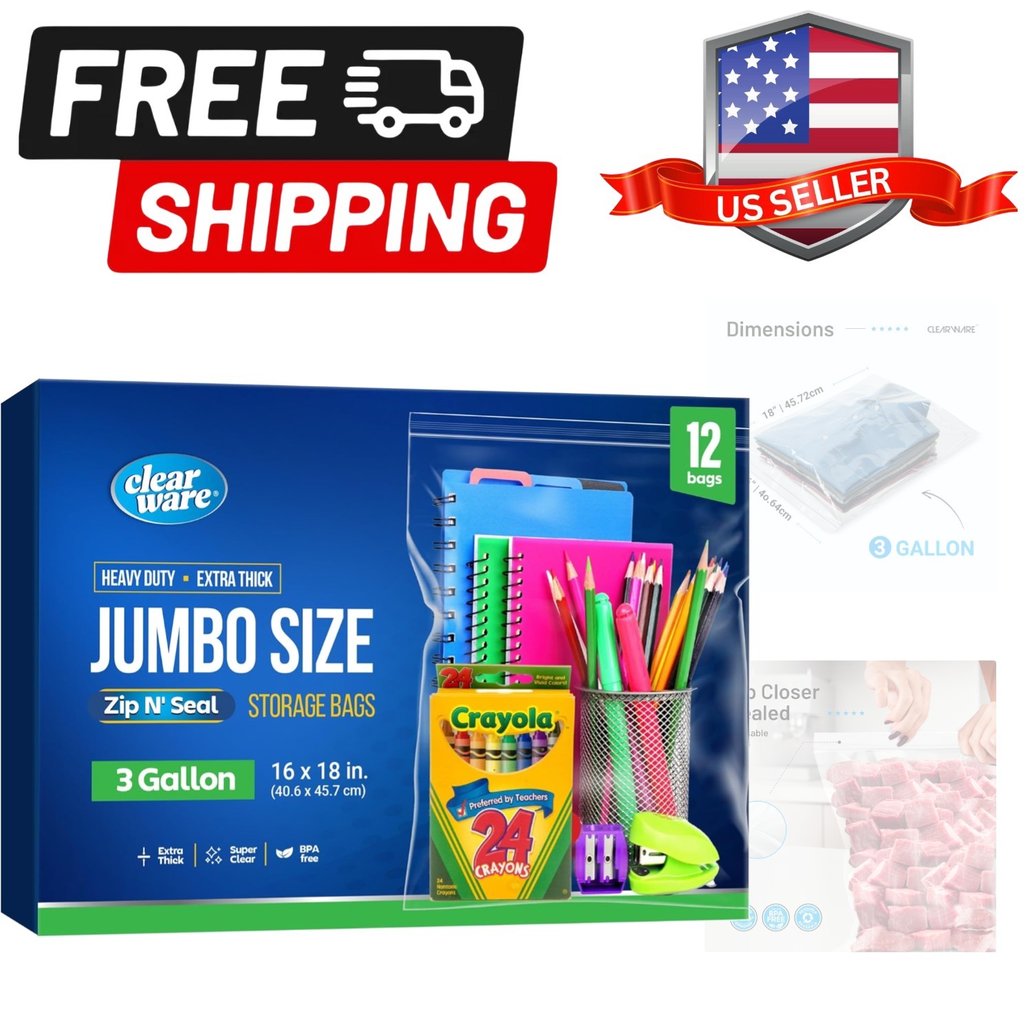 12 Large Storage Bags With Zipper Top - 3 Gallon Size, 16" x 18", Extra Large...