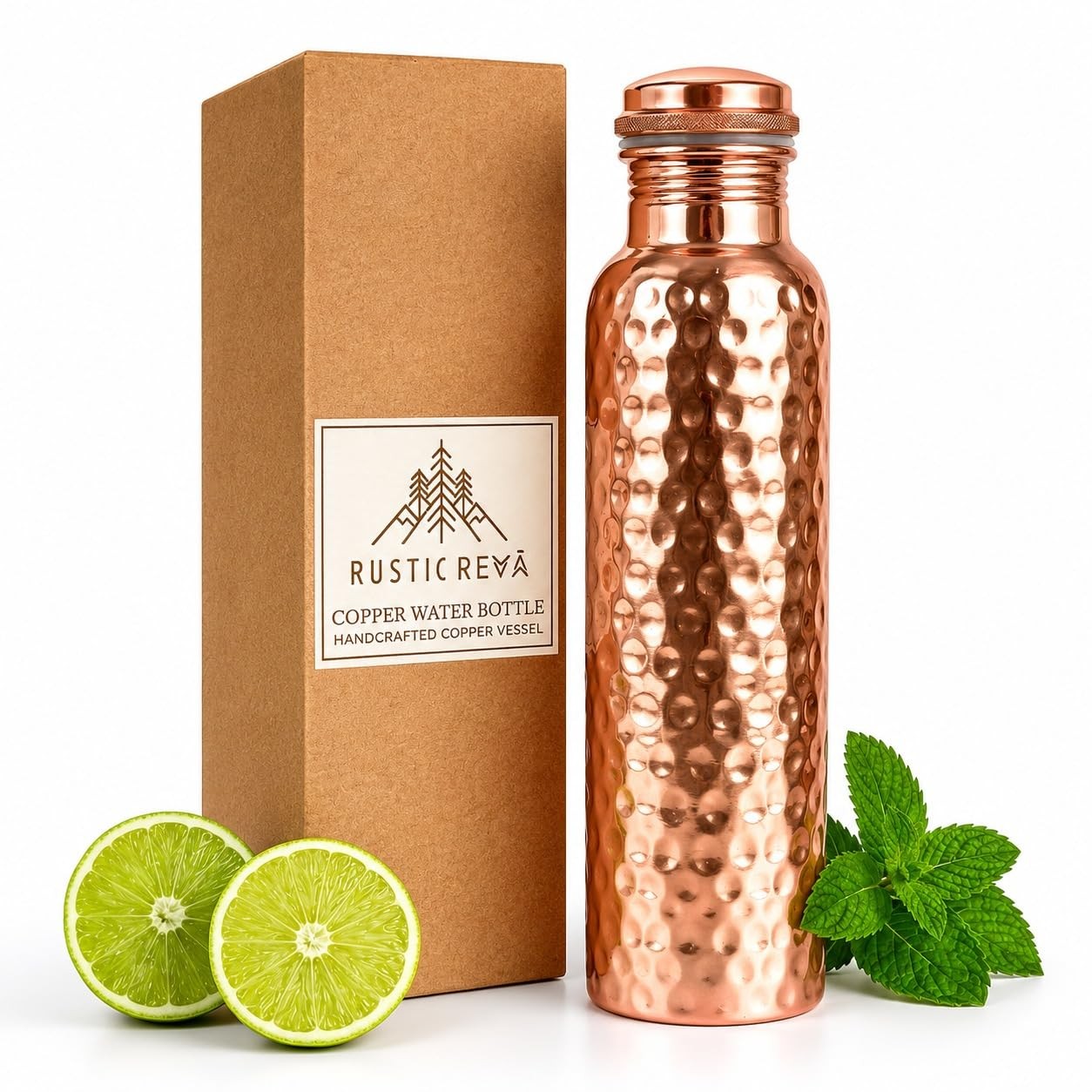 RUSTIC REVA Copper Water Bottle (34oz/1000ml) 100% Pure 34 Ounces,