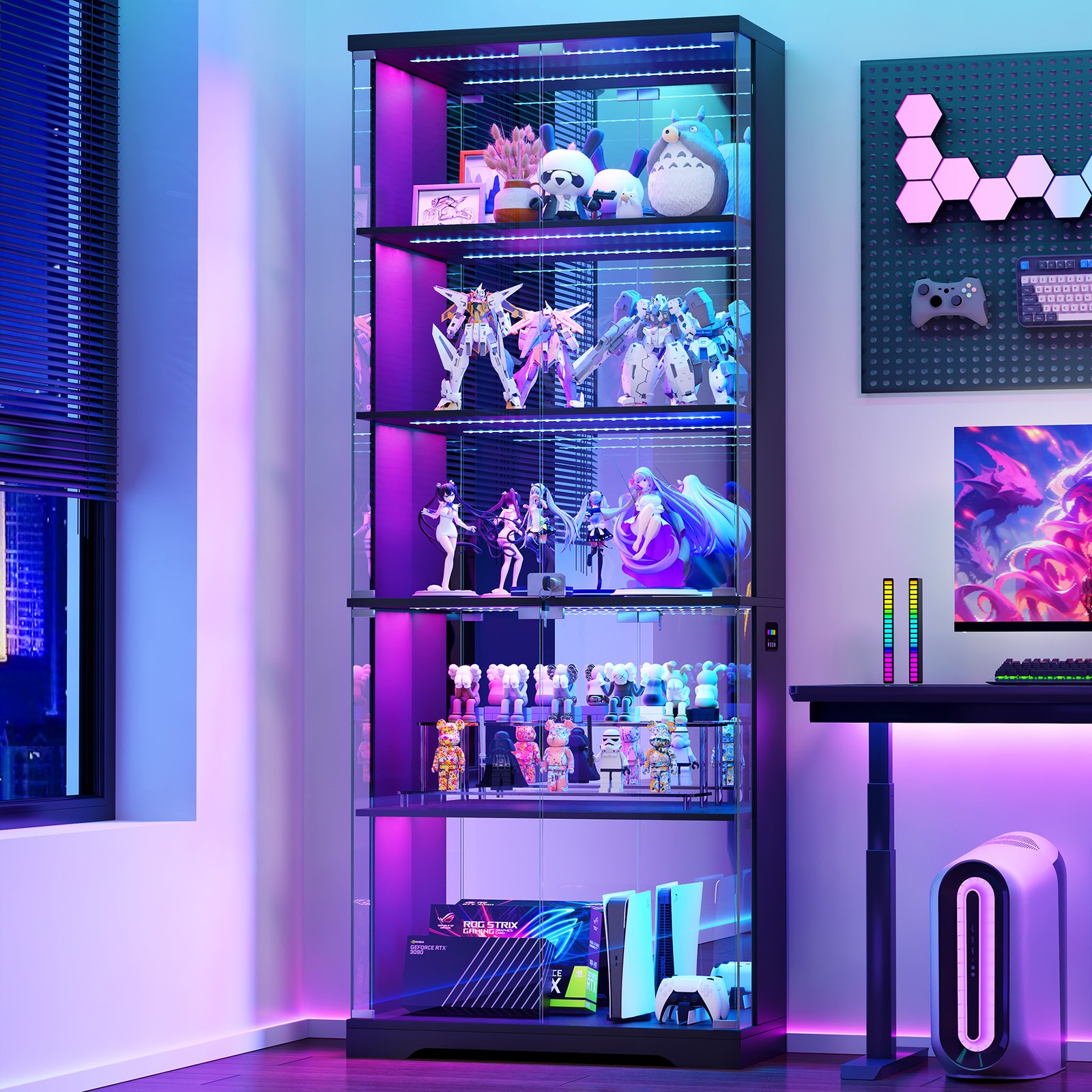 Glass Display Cabinet RGB LED 69" 5-Tier Wooden Shelves Bookcase with Doors