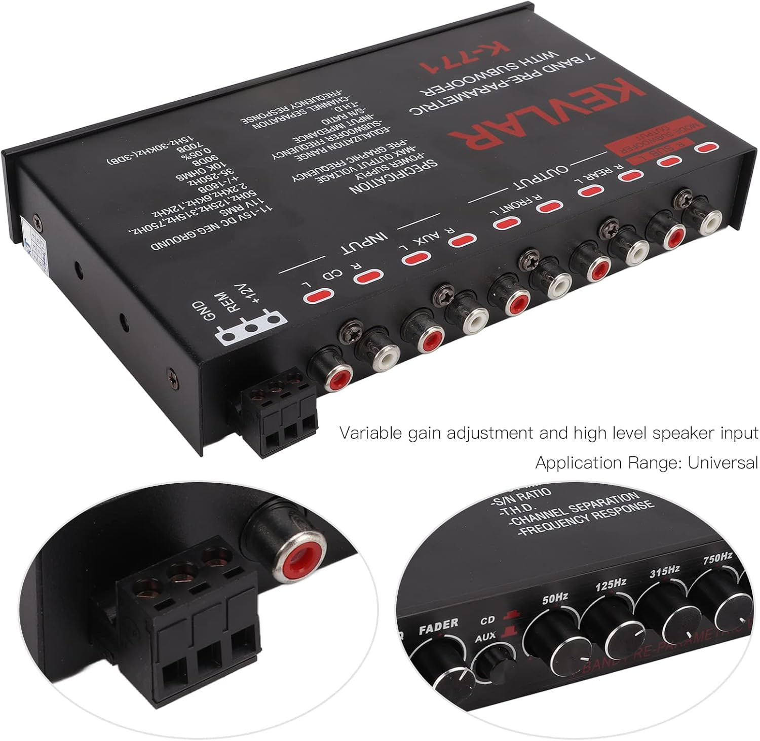 7 Band Car Audio Graphic Equalizer, Variable Gain Adjustment High Level Input EQ