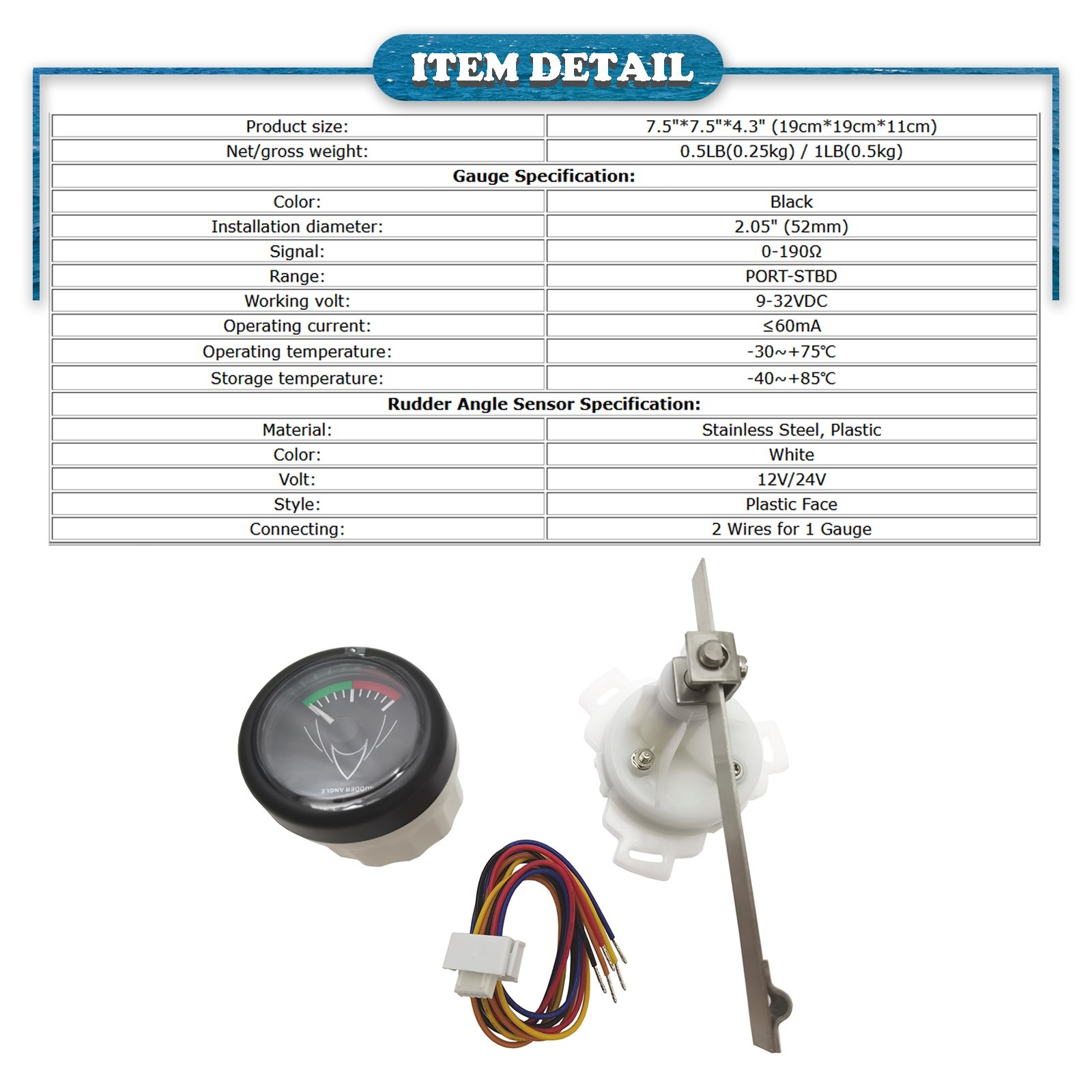 Boat Rudder Angle Indicator Rudder Angle Instrument With Rudder Sensor 0-190Ω