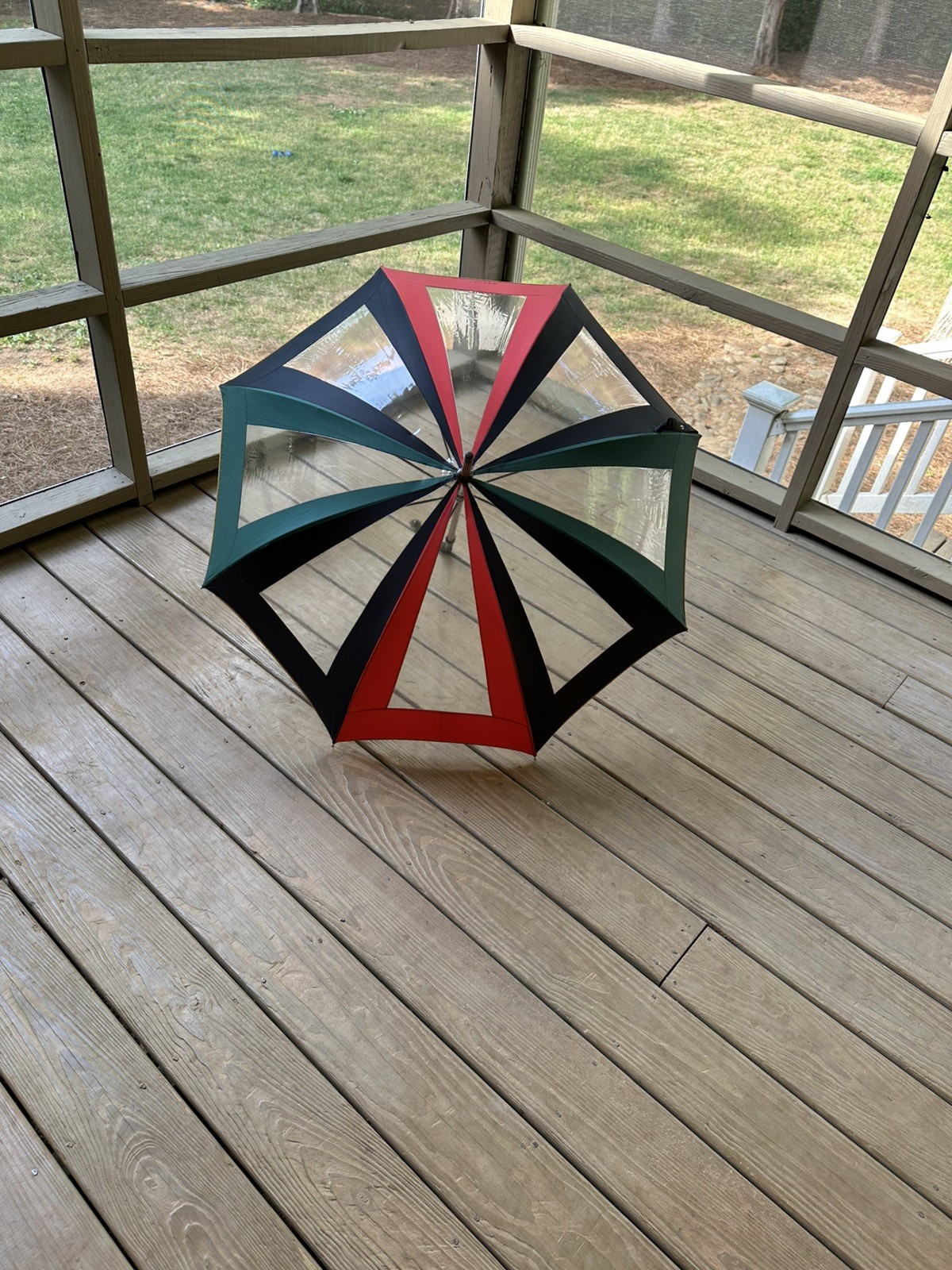 Vintage Carven Paris Umbrella Black Red Green Clear COOL!!