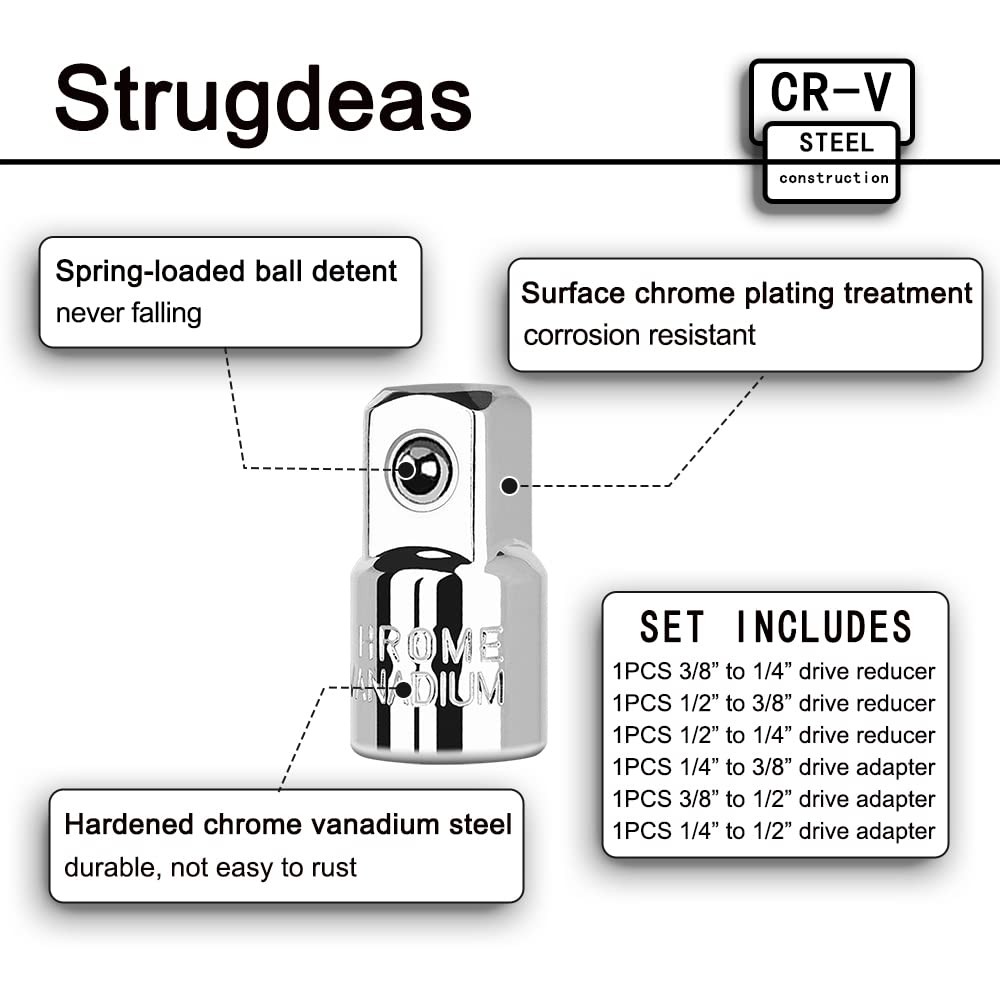 StrugDeas 6 Piece Socket Adapter and Reducer Set, Silver - 1/4", 3/8", 1/2"