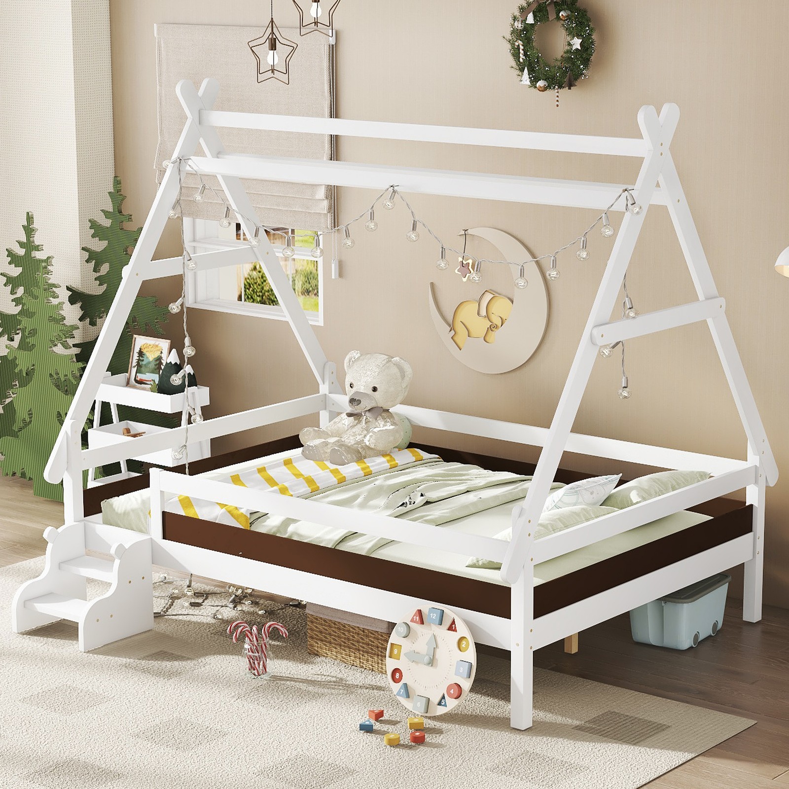 Full House Platform Bed with Stairs, Solid Wood Frame, White