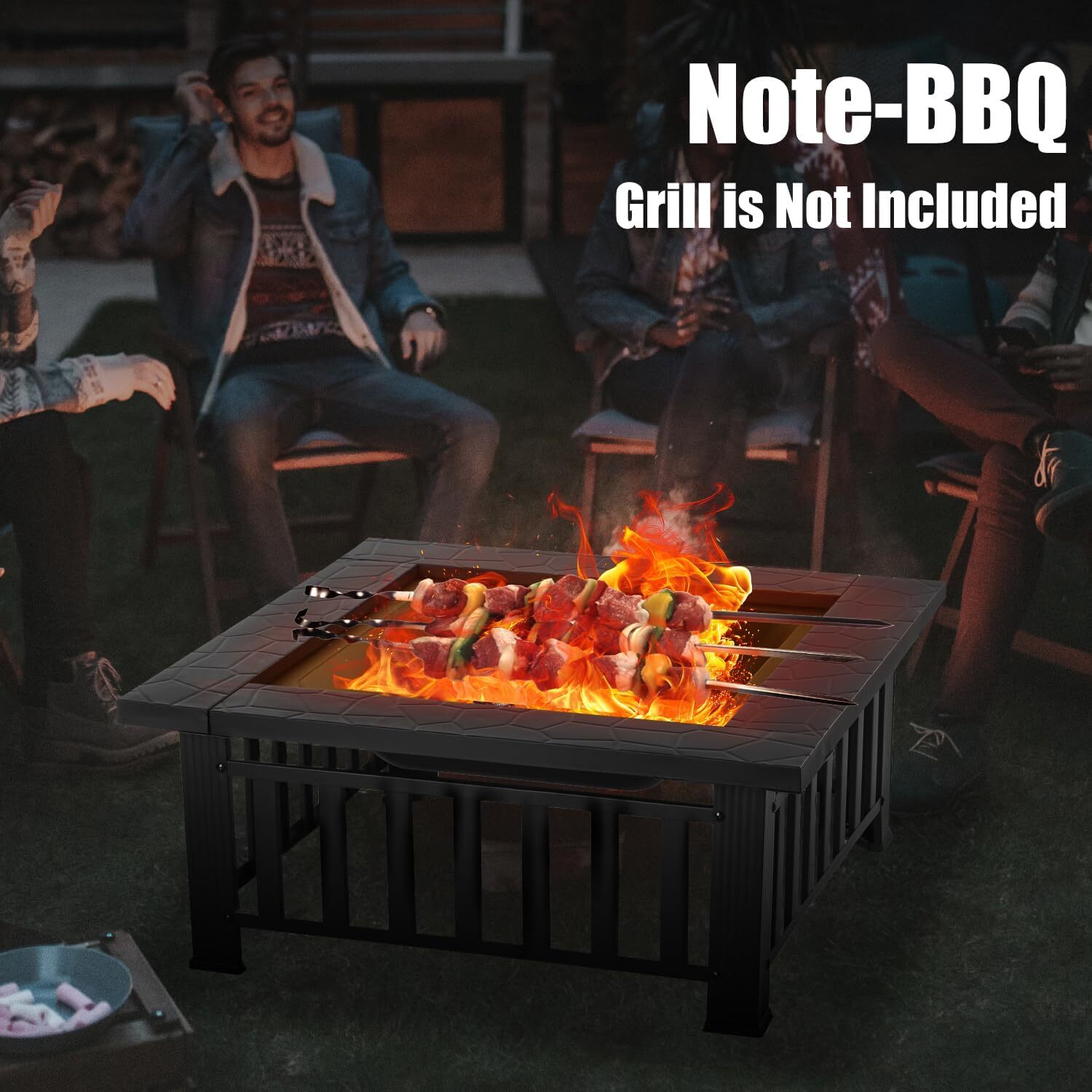 32 inch Fire Pit, Square Outdoor Fire Pit Table with Spark Screen & Fire Poker,
