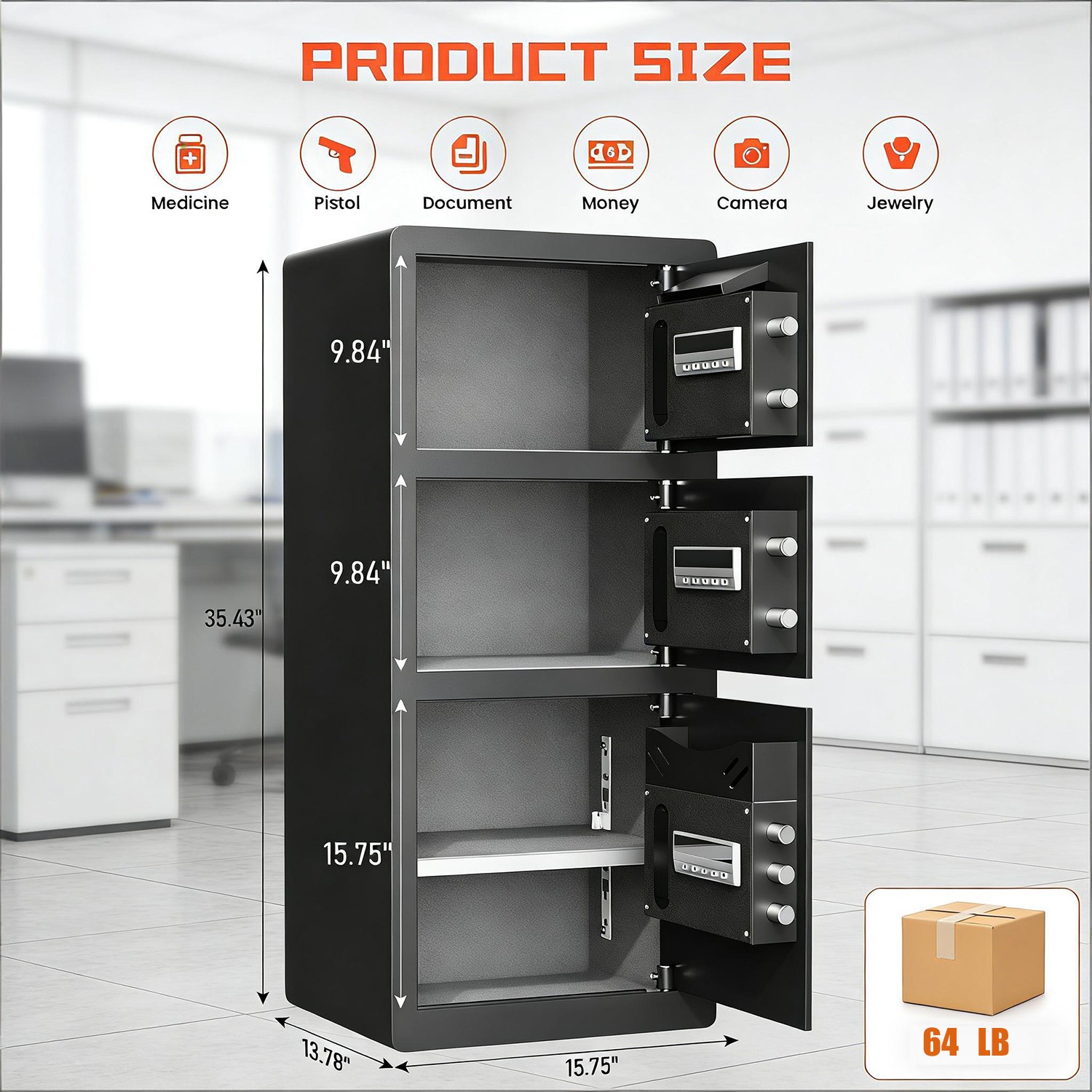 3 Door Heavy-Duty Large Home Safe with  Dual Alarm System and Adjustable Shelf