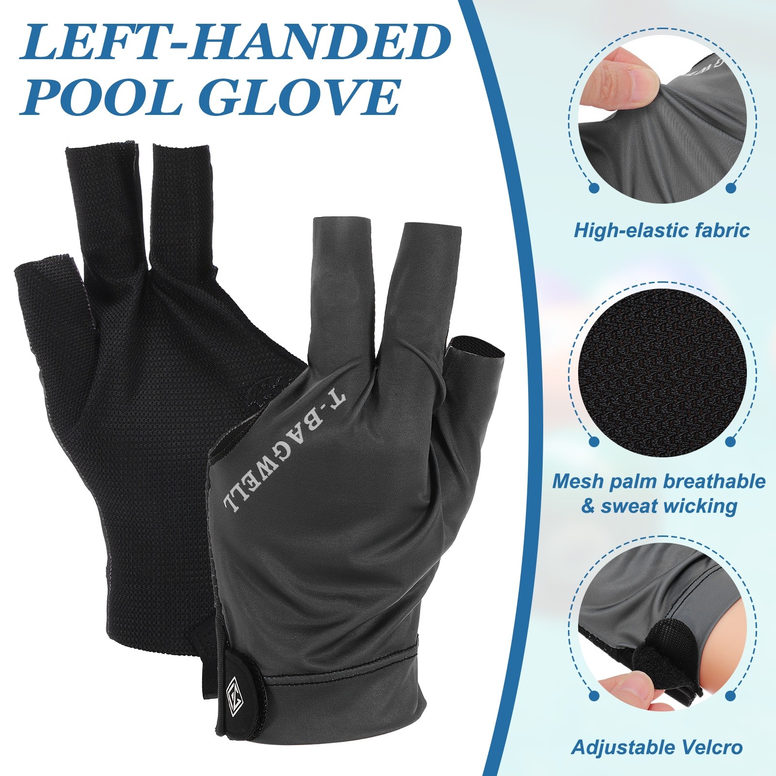3 Finger Pool Glove Left Hand, Billiard Gloves, Gray