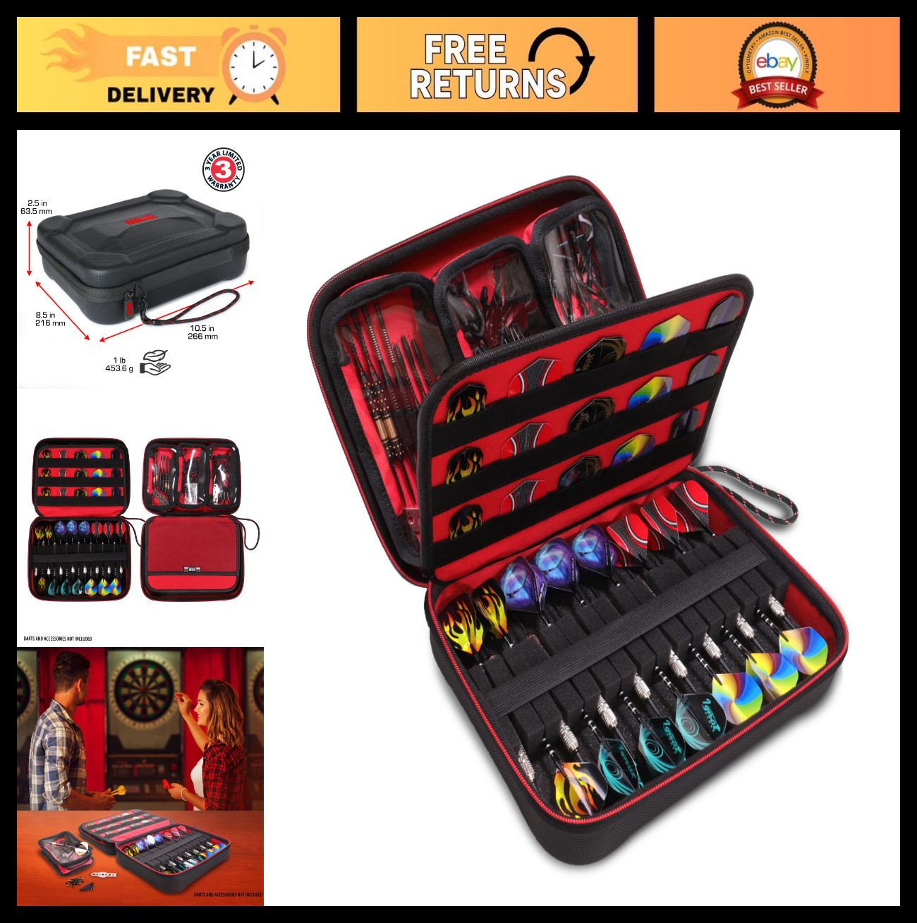 XL Semi Hard Shell Dart Case - Protective Storage for 15-Piece Dart Set, Tips, F