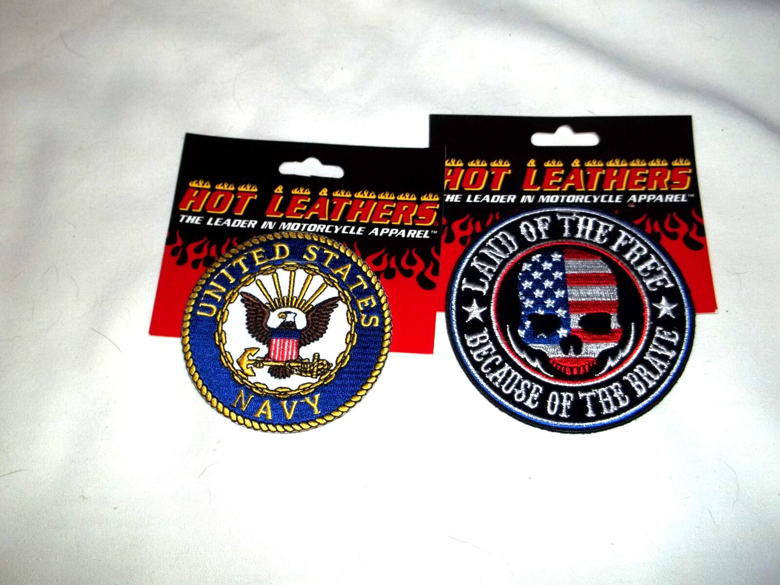 2 Hot Leathers Patches Land of the Free Because of the Brave & US Navy NOC