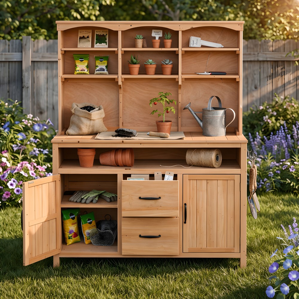 Large Fir Wood Potting Bench, 45.3"L, with Hutch, Cabinets, Drawers, Hooks