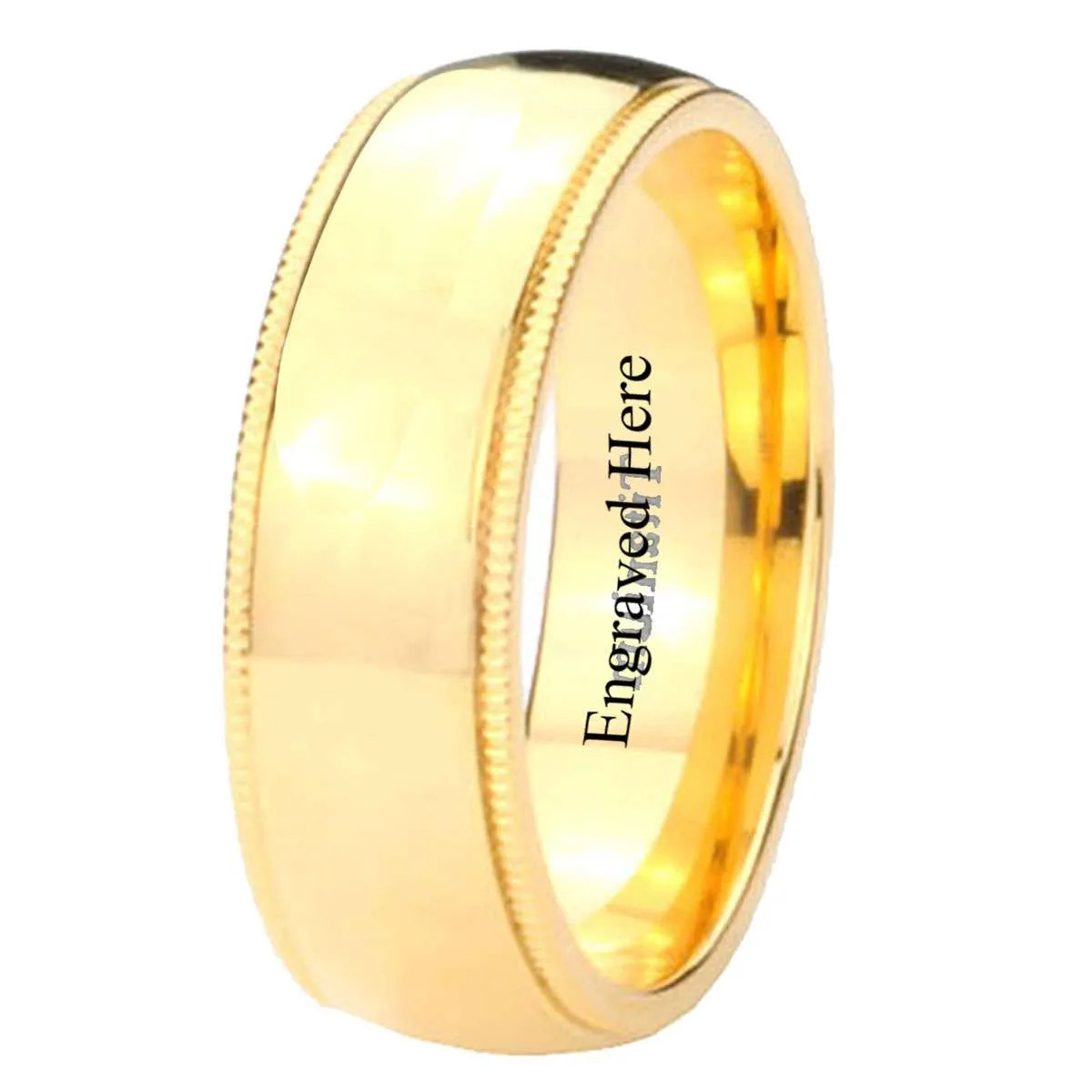 8MM Titanium Dome Gold IP Milgrain Edges Men Wedding Band Ring Size 7 to 13