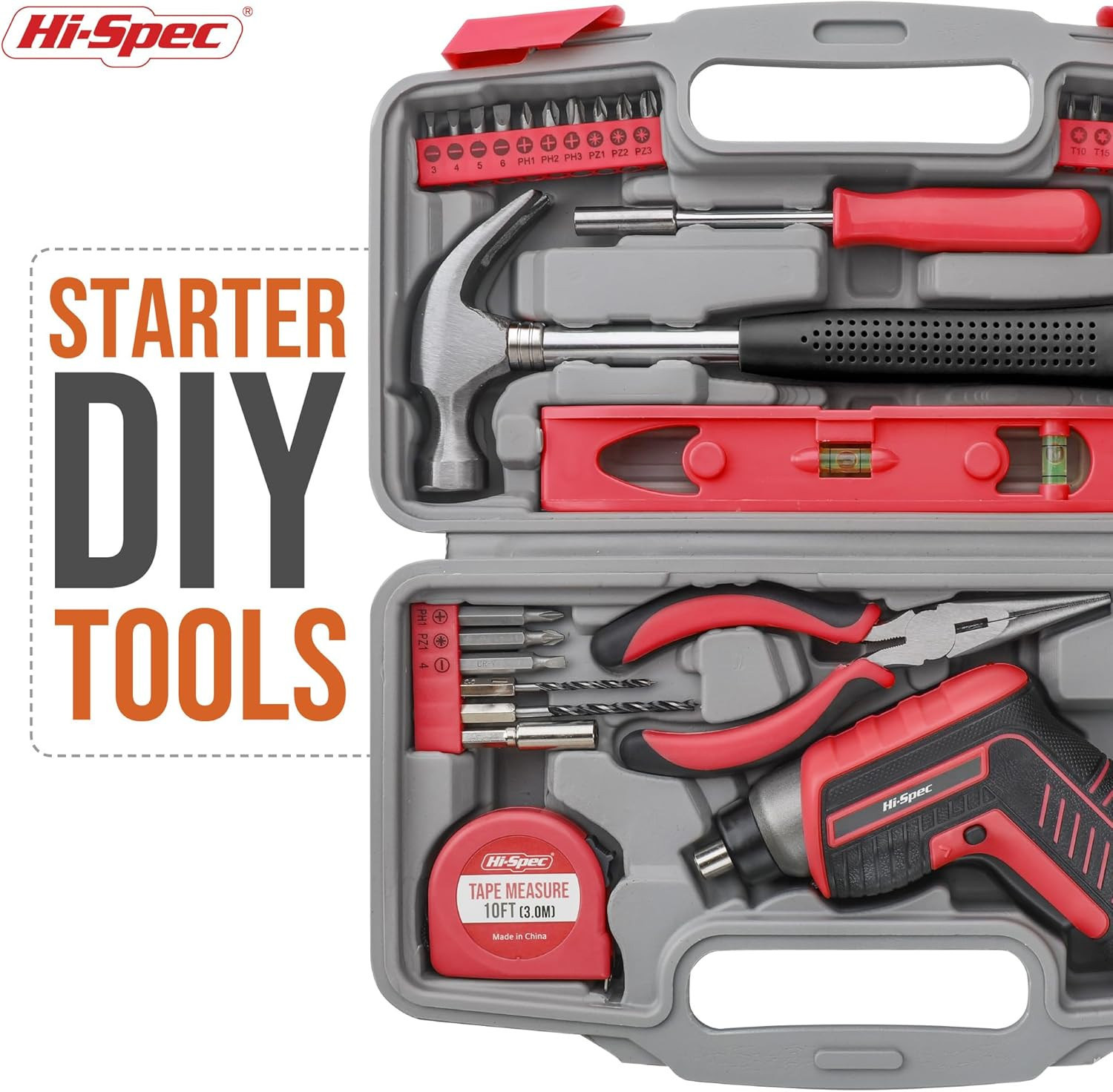 35Pc Red Tool Kit with 3.6V USB Electric Screwdriver and Drill Set. Complete Bas