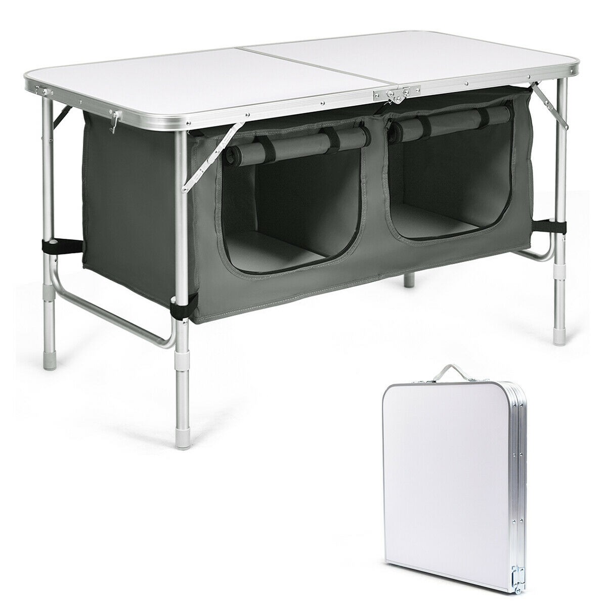 Folding Camping Table Aluminum Height Adjustable w/ Storage Organizer Grey