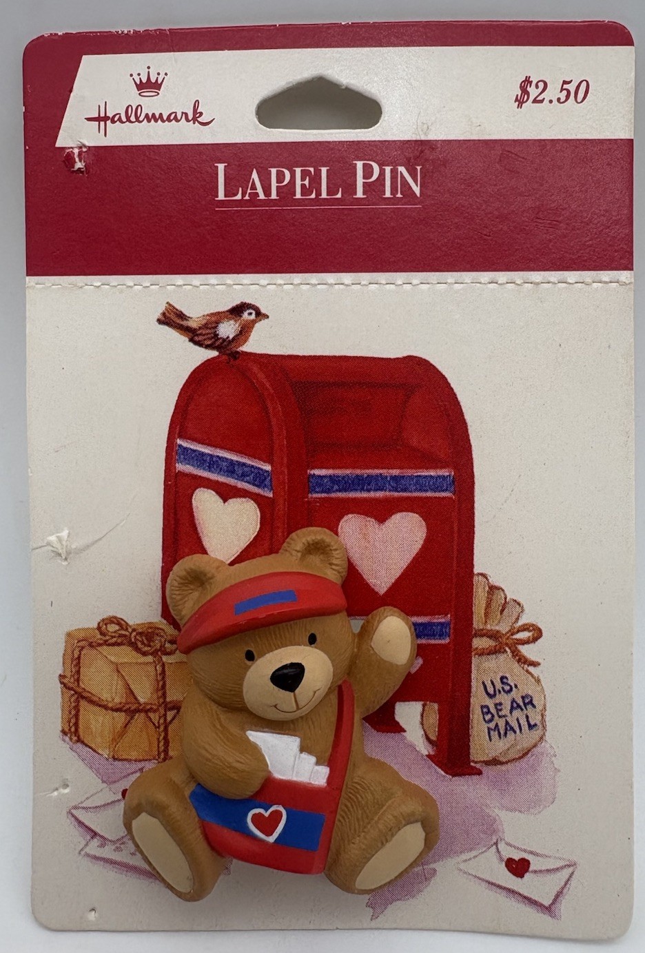 Vintage Hallmark Lapel Pin Bear Mail Carrier Heart Mailbox Valentine 1990s