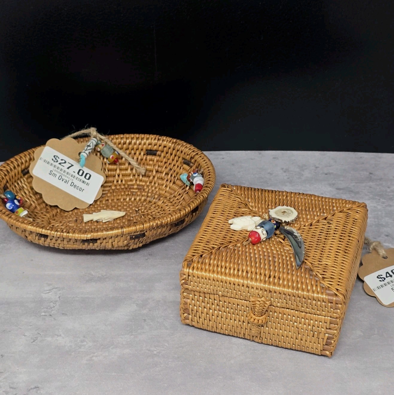 Alaskan Style Smoked Grass Embellished Baskets Set Of 2 Hinged Box Indonesia