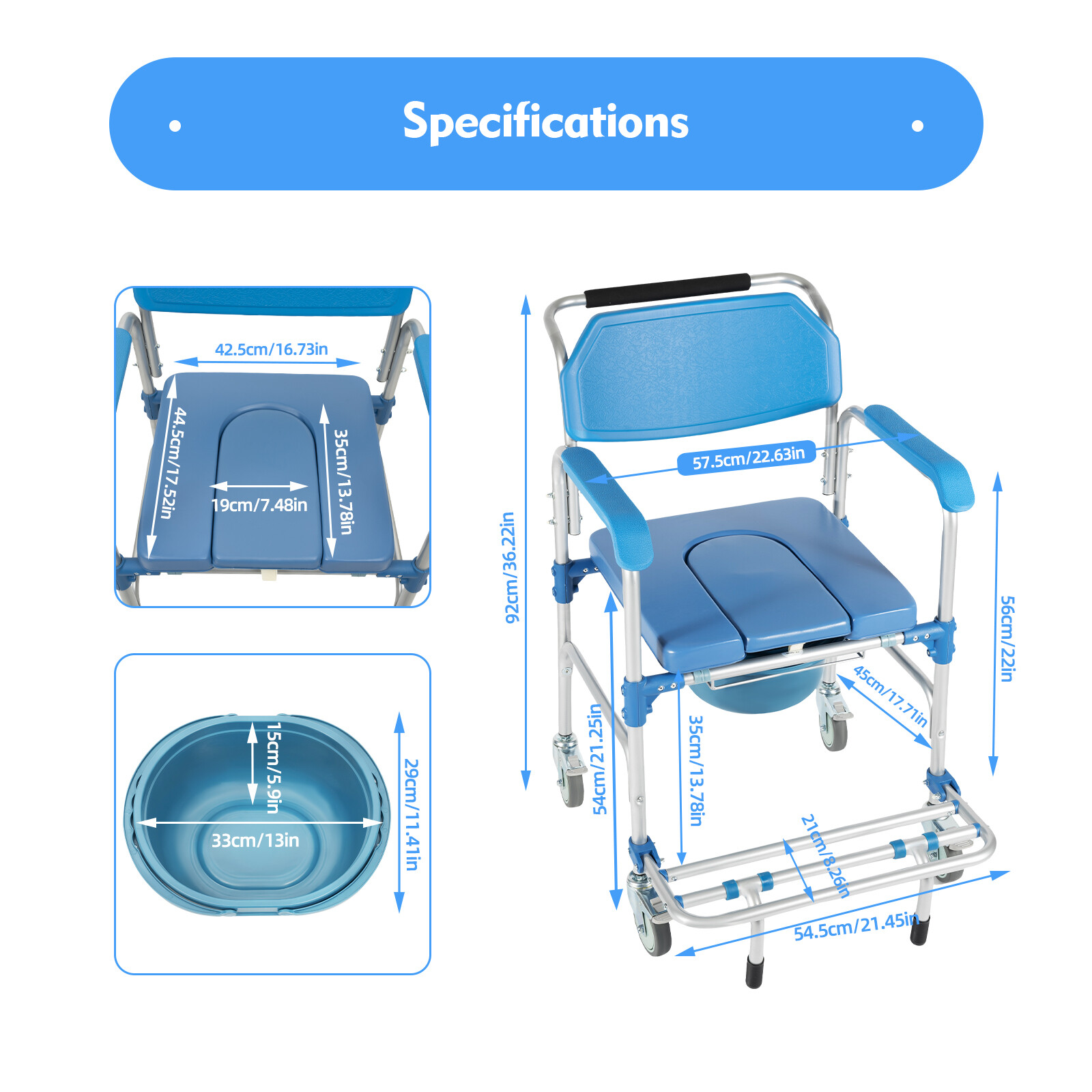 350lbs Medical Transport Chair Mobility Shower Commode Wheelchair Bedside Toilet