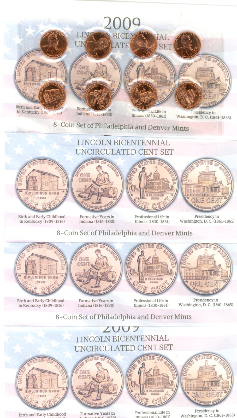 2009 P & D BICENTENNIAL ~ LINCOLN CENT SETS ~ BU RED ~ (4 8 coin sets)
