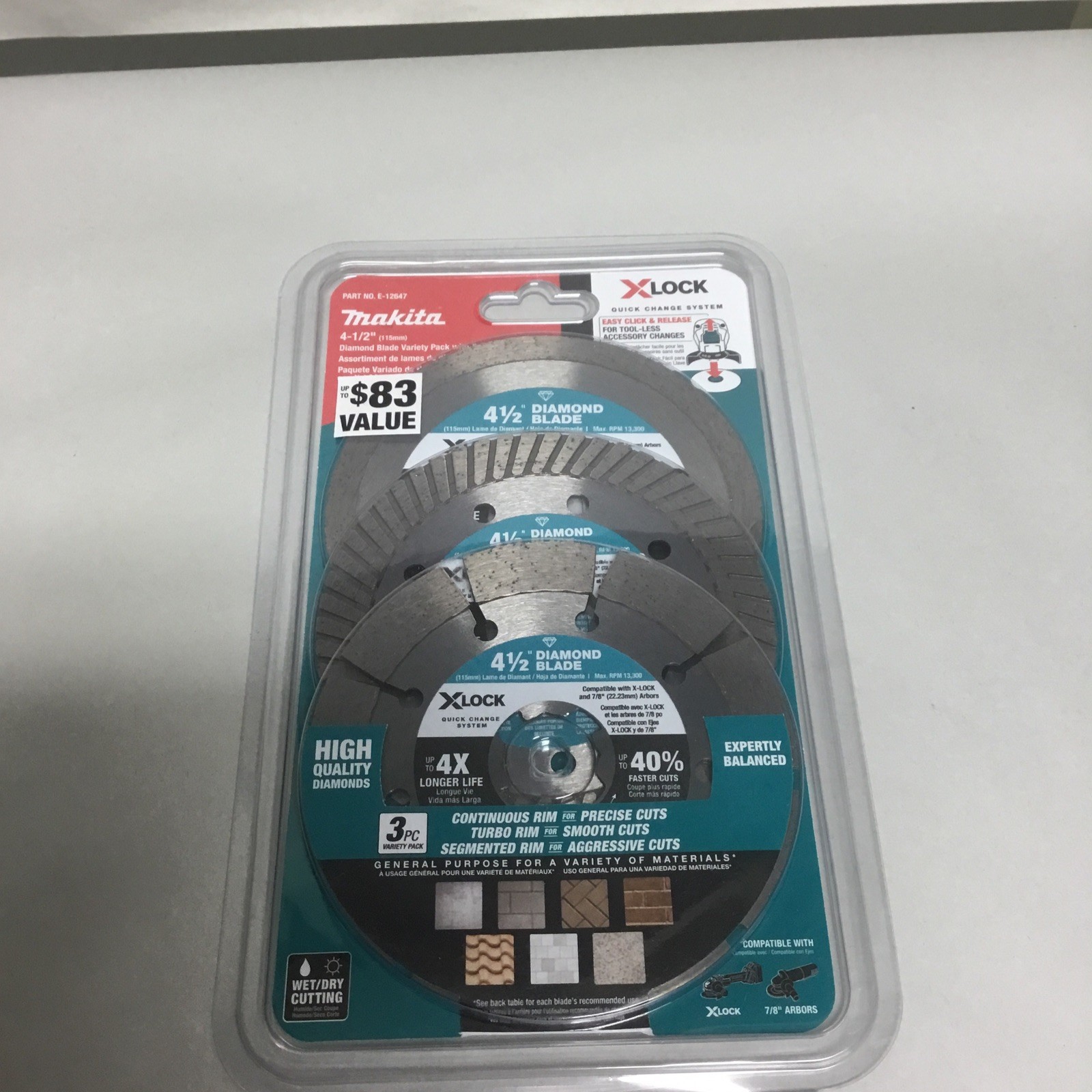 MAKITA E-12647 X-LOCK 4-1/2" DIAMOND BLADE VARIETY PACK MASONRY CUTTING 3-PIECES