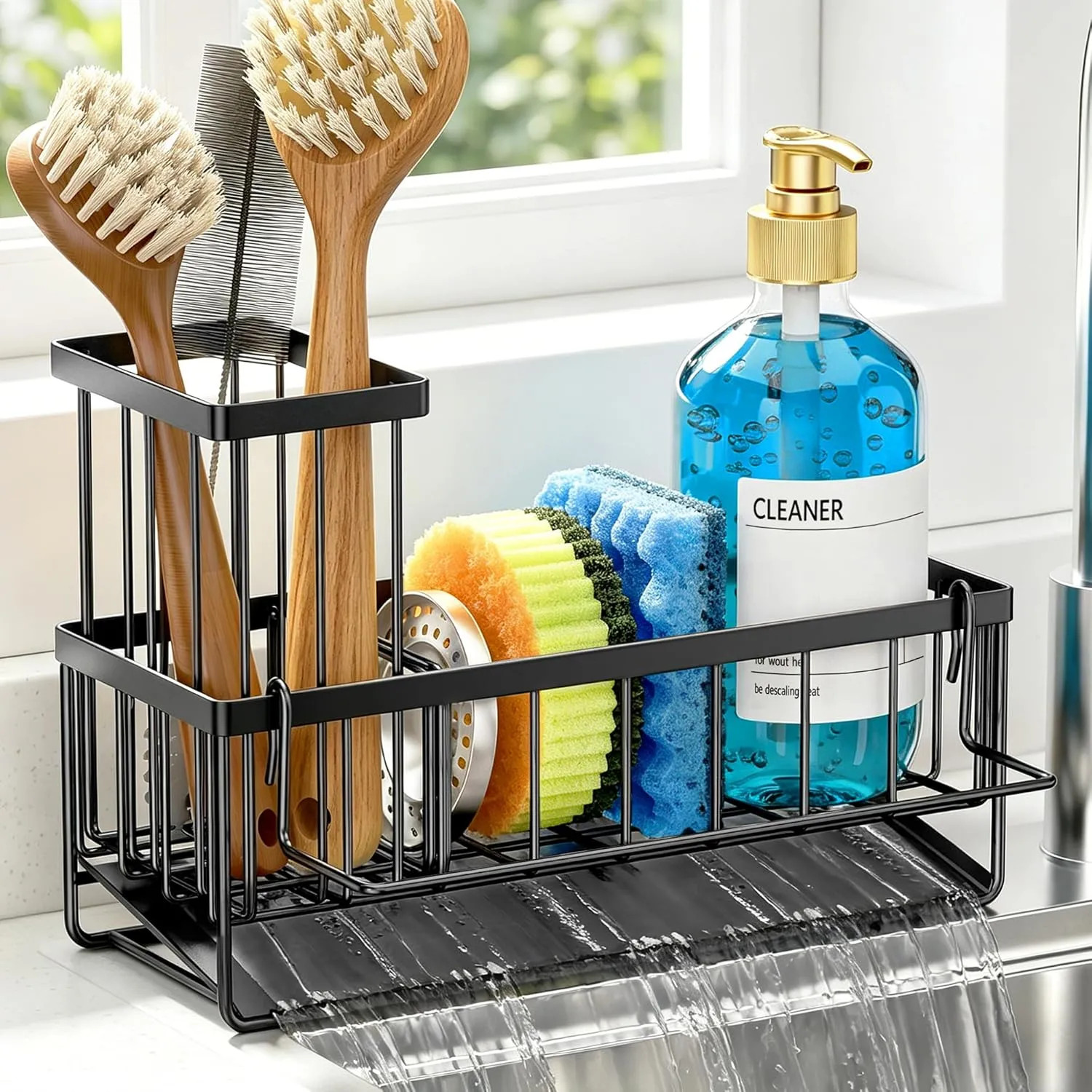 Kitchen Sink Caddy Organizer For Sponge And Dish Brush Black 9.65 x 3.74 x 6.3