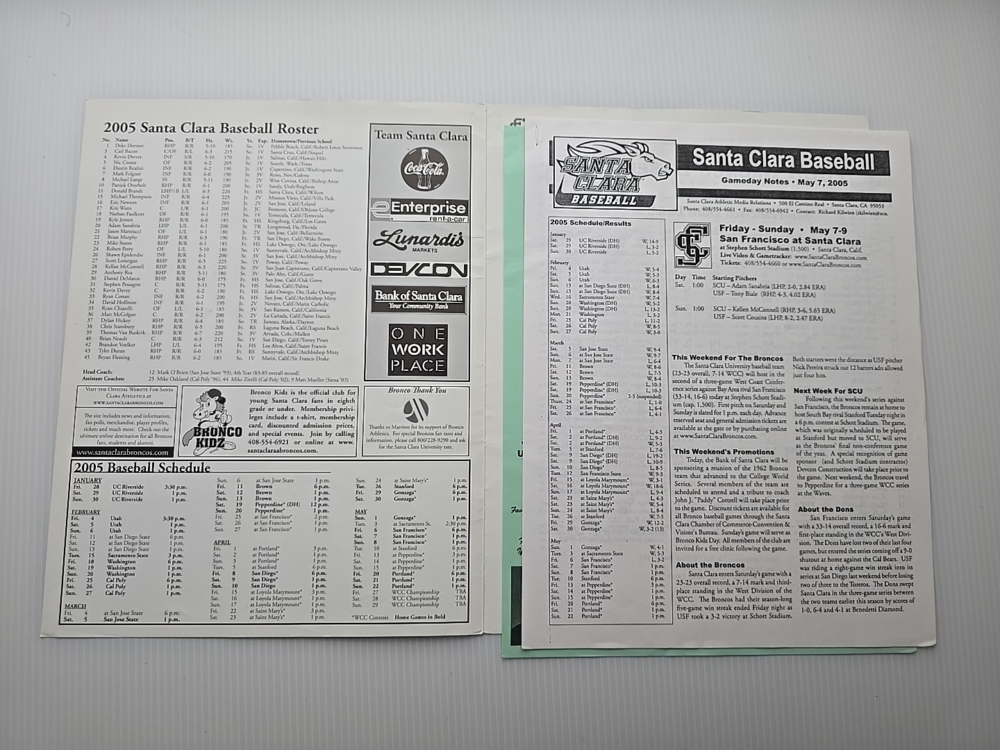 Santa Clara University Broncos Baseball 2003 + 2005 Programs with Autographs SCU