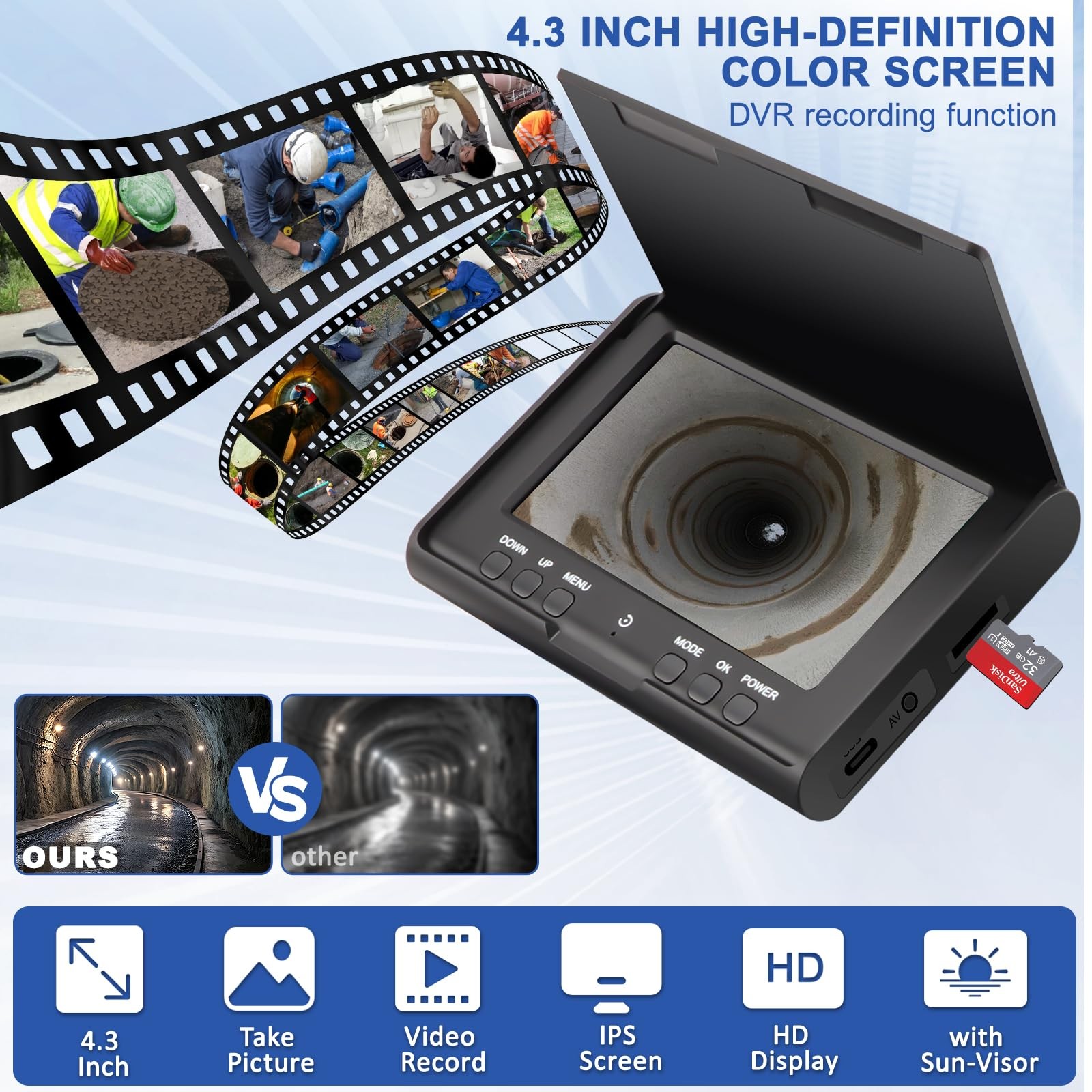 Sewer Camera w/DVR Function, 4.3" HD 1080P Screen Pipeline Inspection Camera,...