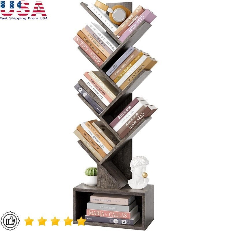 6 Tier Tree Bookshelf Freestanding Storage Shelf Organizer W/ Drawer Home Office