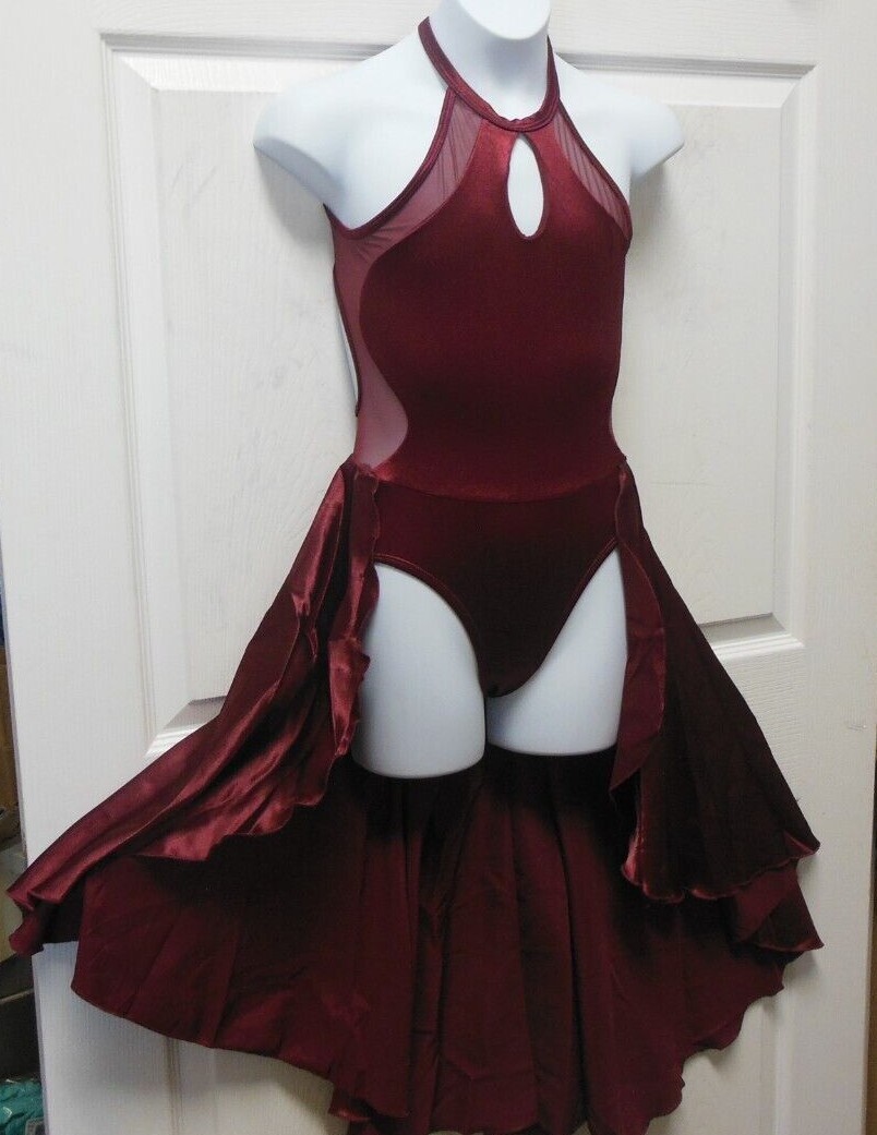 Halter neck lyrical dance costume mesh yoke side satin skirt Ruby Girls/ladies