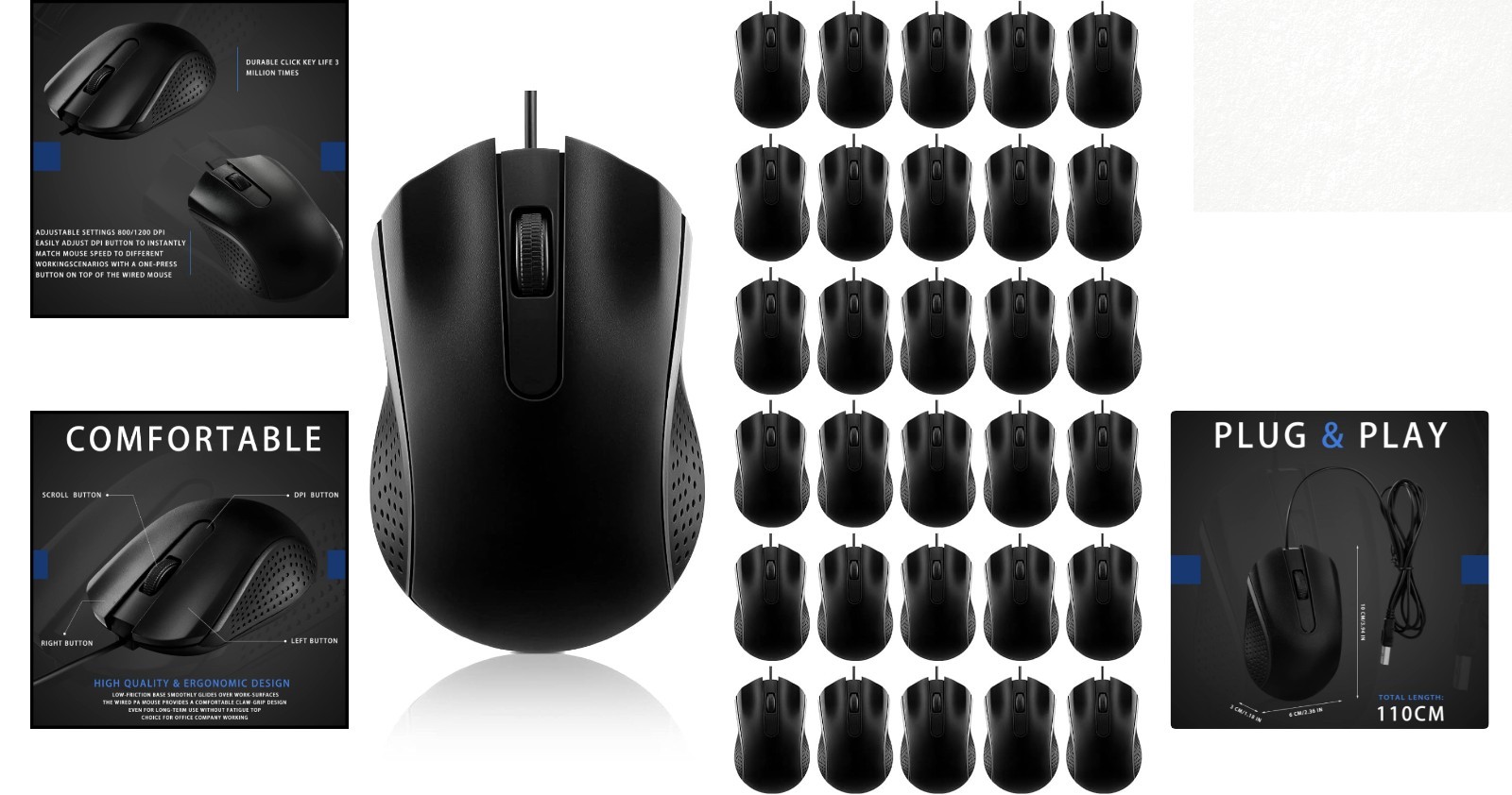 Bulk 30 Corded USB Mice with Optical Tracking - Perfect for Classrooms & Offices