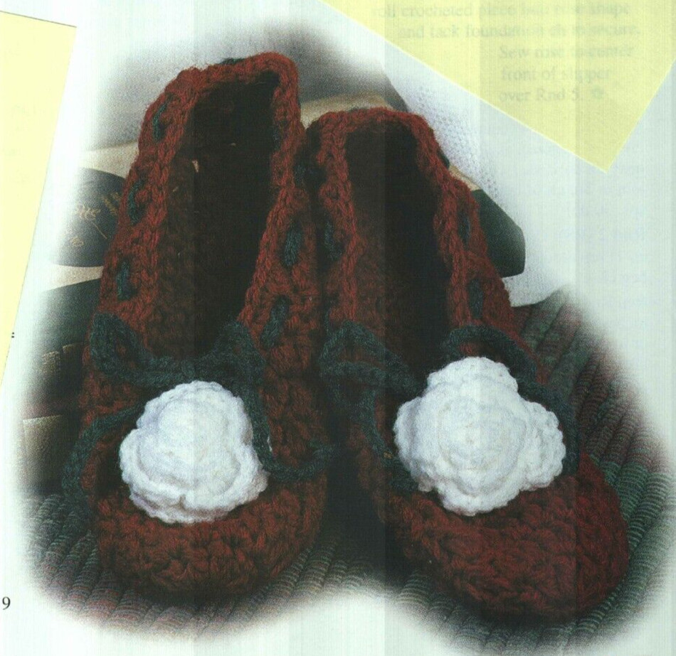 WOMEN'S ROSE SLIPPERS 3 SIZES CROCHET PATTERN INSTRUCTIONS
