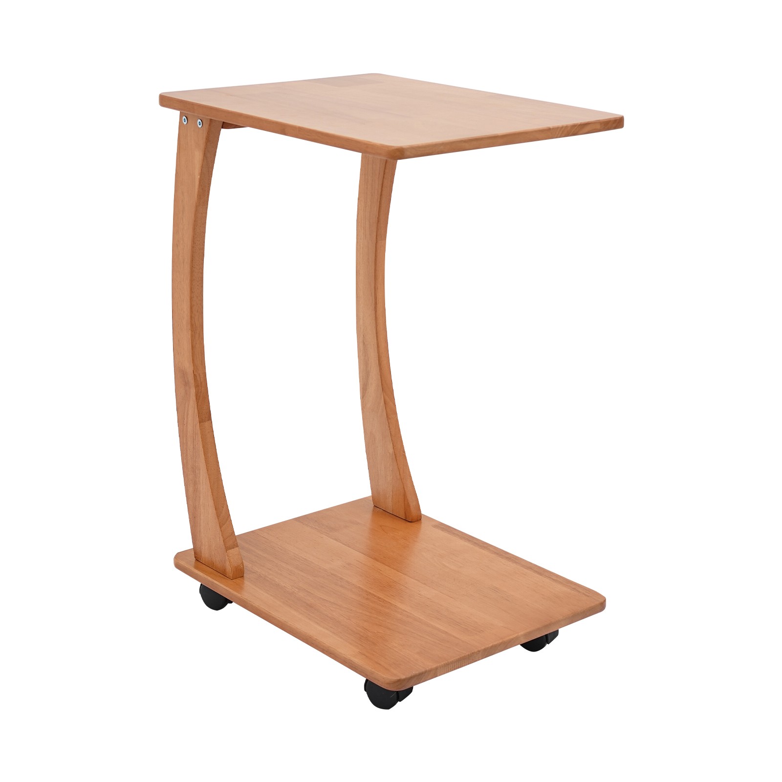 Solid Wood End Table With Rolling Wheels, C Shaped Side Table, Tv Tray Table