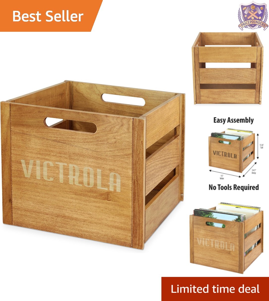 Elegant Wooden Crate - Vinyl Record Holder, Stores 50+ Albums, Easy Assembly
